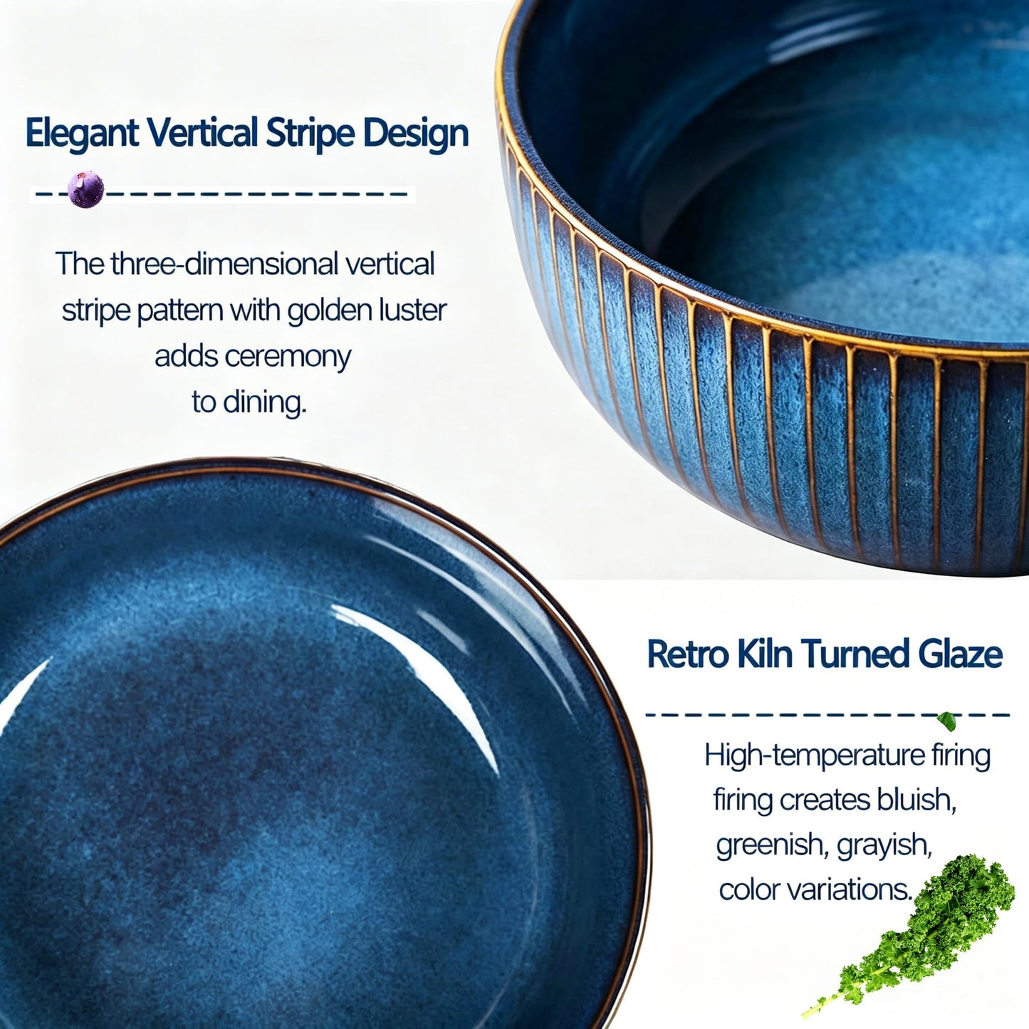 YIK TUNG 66 Oz Large Ceramic Salad Bowls,8.25" Round Serving Bowl with Blue Vertical Stripe Design for Serving Pasta,Soup, Cereals,Fruit, Chips, and More, Microwave & Dishwasher Safe
