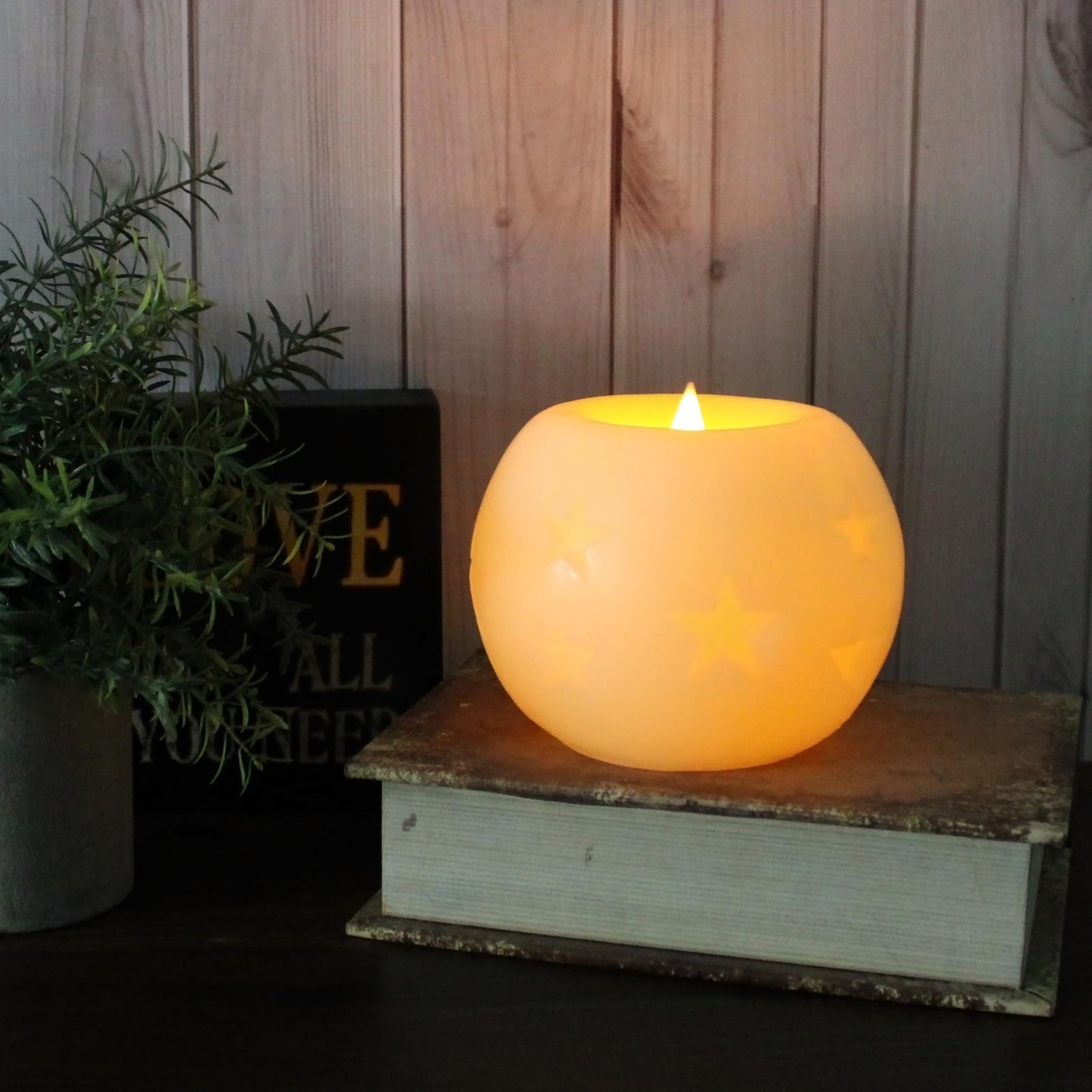 CVHOMEDECO. Moon Sphere Wax LED Dancing Flame Candle Ball, 5" Dia. X 4" H