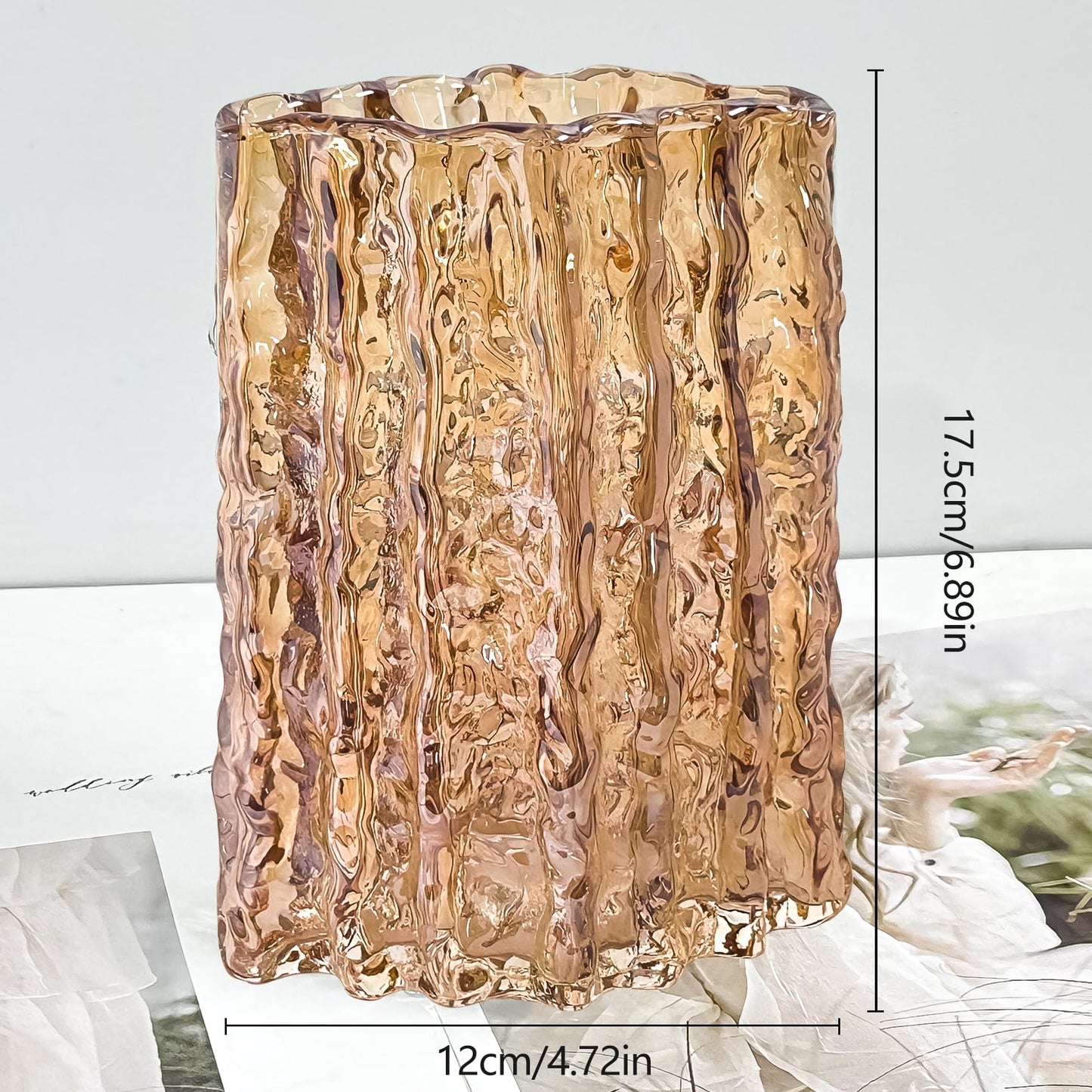 Aoderun Glass Vase Crystal Vase Heavy Duty Large Flower Vase for Dining Table Kitchen Office Home Shelf Wedding Living Room Centerpieces(Amber)