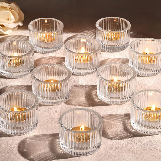 Lanttu Clear Tealight Candle Holder Set of 12, Small Votive Candle Holders for Wedding, Glass Tea Light Candles Holder for Party&Home Decor, Table Centerpiece (2''Dia*1.4''H)
