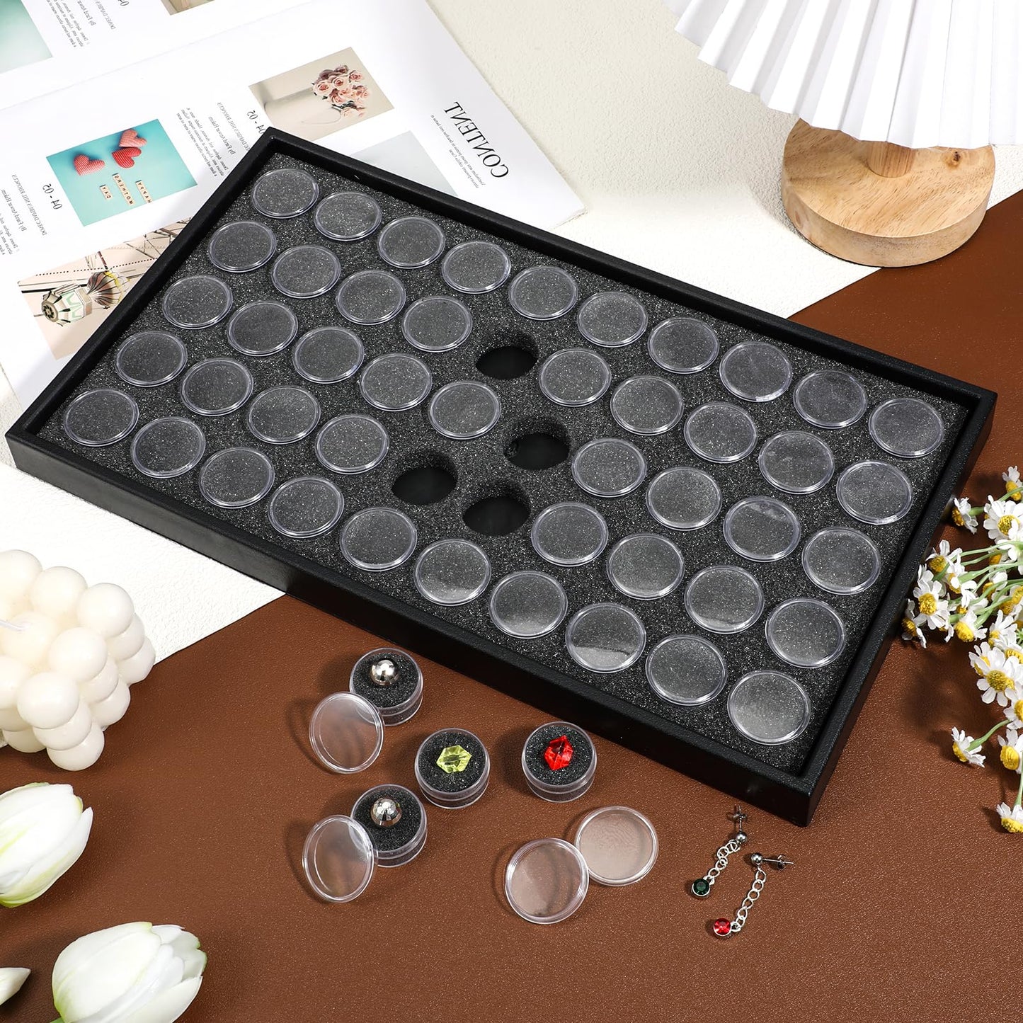 simarro 50 Gem Display Case Diamond Gemstone Storage Box Small Round Plastic Containers Box Jewelry Organizer Container with Foam for Collectibles Rhinestone Crystal Small Items, Jewelry