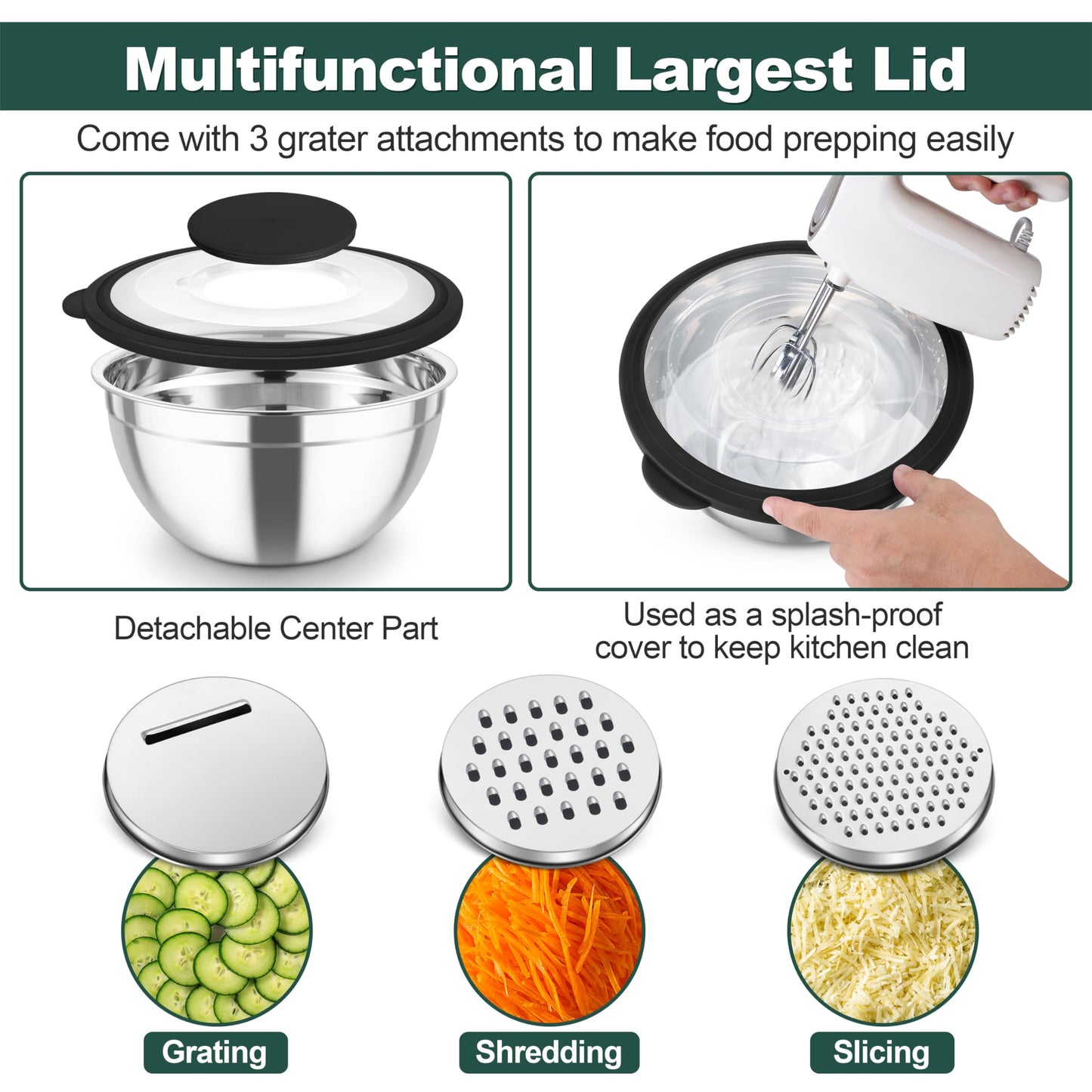TeamFar Mixing Bowls, Stainless Steel Salad Serving Bowl with Clear Lids & 3 Graters, For Kitchen Cooking Prepping Storing, Size 4.6/2.6/1.5/1/0.7 QT, Nesting & Airtight, Set of 5 & Black