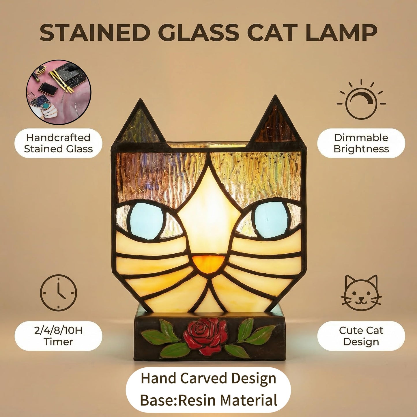 Entlityful Stained Glass Cat Lamp, Tiffany Style Table Lamp with 24H Cycle Timer, Small Table Lamp with Dimmable Timing Function, Cat Gifts for Women,Cat Lovers,Cat Remembrance Gifts