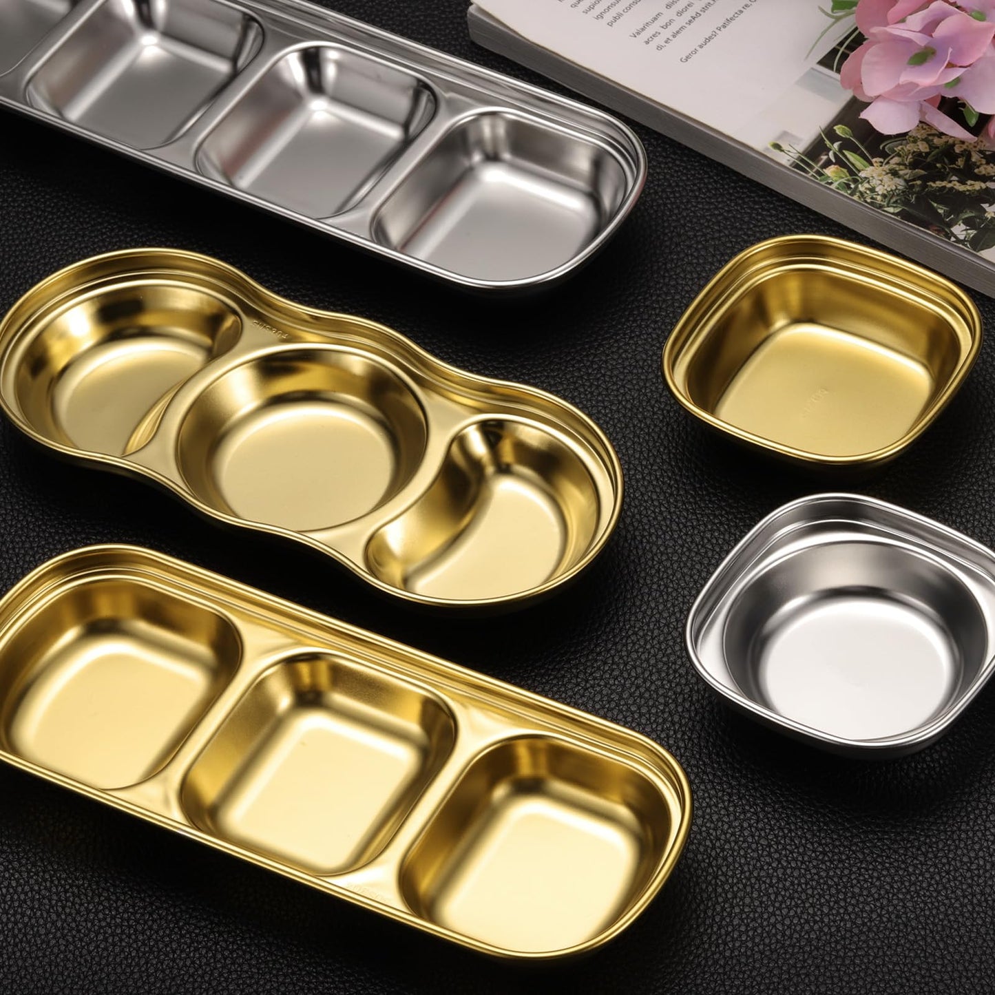 uxcell 6 Pack Stainless Steel Dish Dipping Bowls with 3 Round Compartment Divided, Metal Seasoning Plate Dipping Bowl for Condiment Home Party Restaurant Picnic Travel, Silver