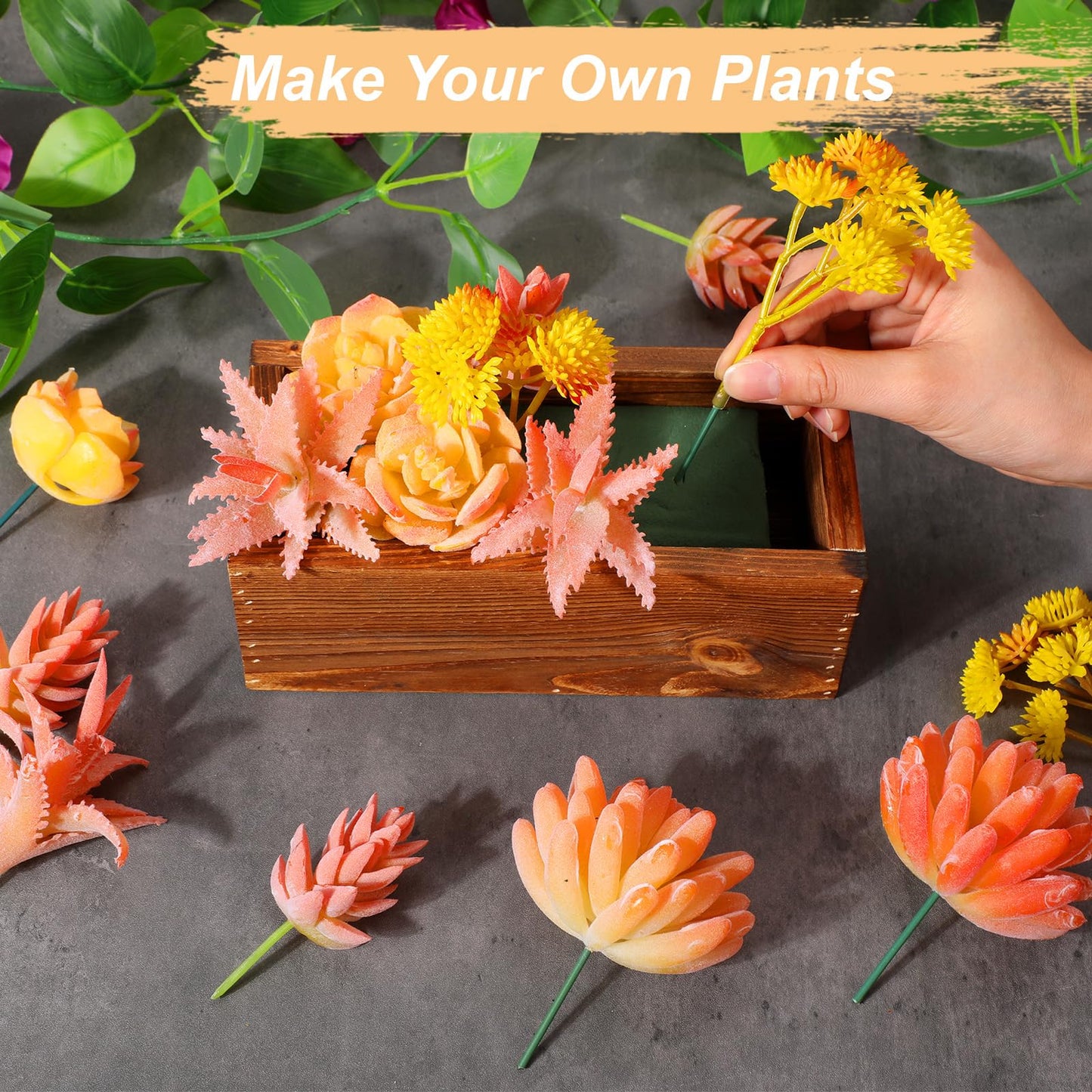 Solsew Assorted Artificial Succulent Arrangement Plants in Rustic Burnt Wood Rectangular Planter Box Faux Succulent Centerpiece for Table Home Garden Windowsill Greenery Decor(Yellow,Spark Style)