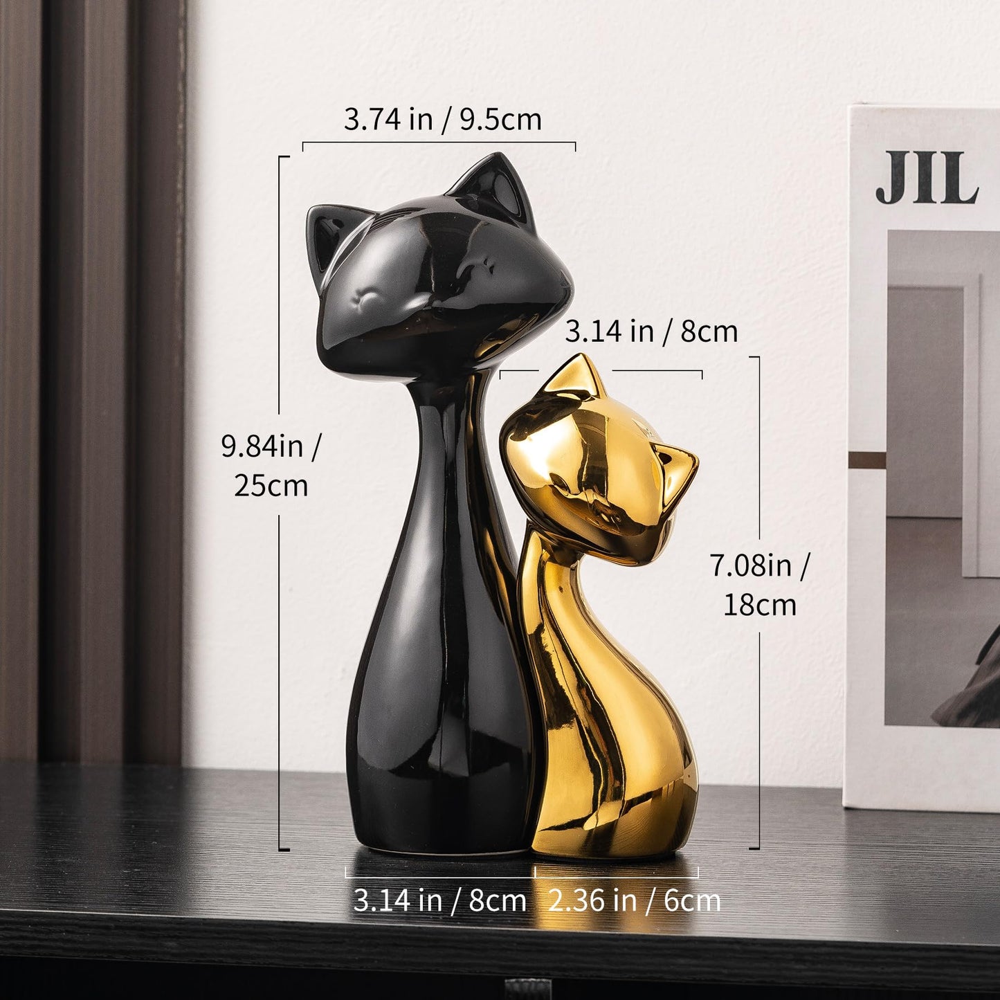 SURE YUESI Ceramic Cat Statue Set, Black & Gold Cute Cat Figurines, Lucky Cat Desk Decor for Cat Lovers, Modern Collectible Home Decor for Bookshelf & Living Room