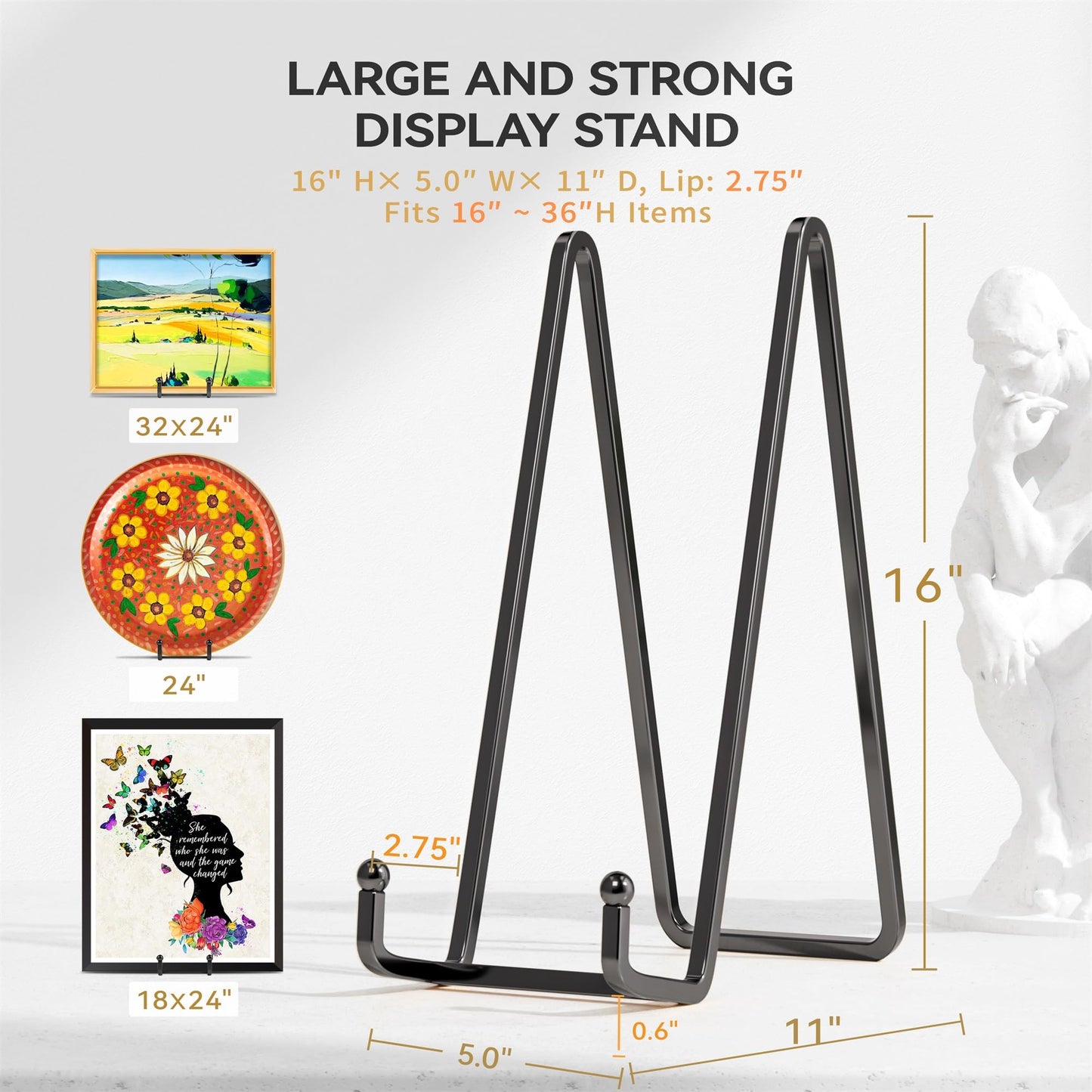 IPAME 16 Inch Heavy Duty Plate Stand (2 Pack) - Metal Display Easel for Large Plates, Picture Frames, Signs, Posters, Decorative Platters