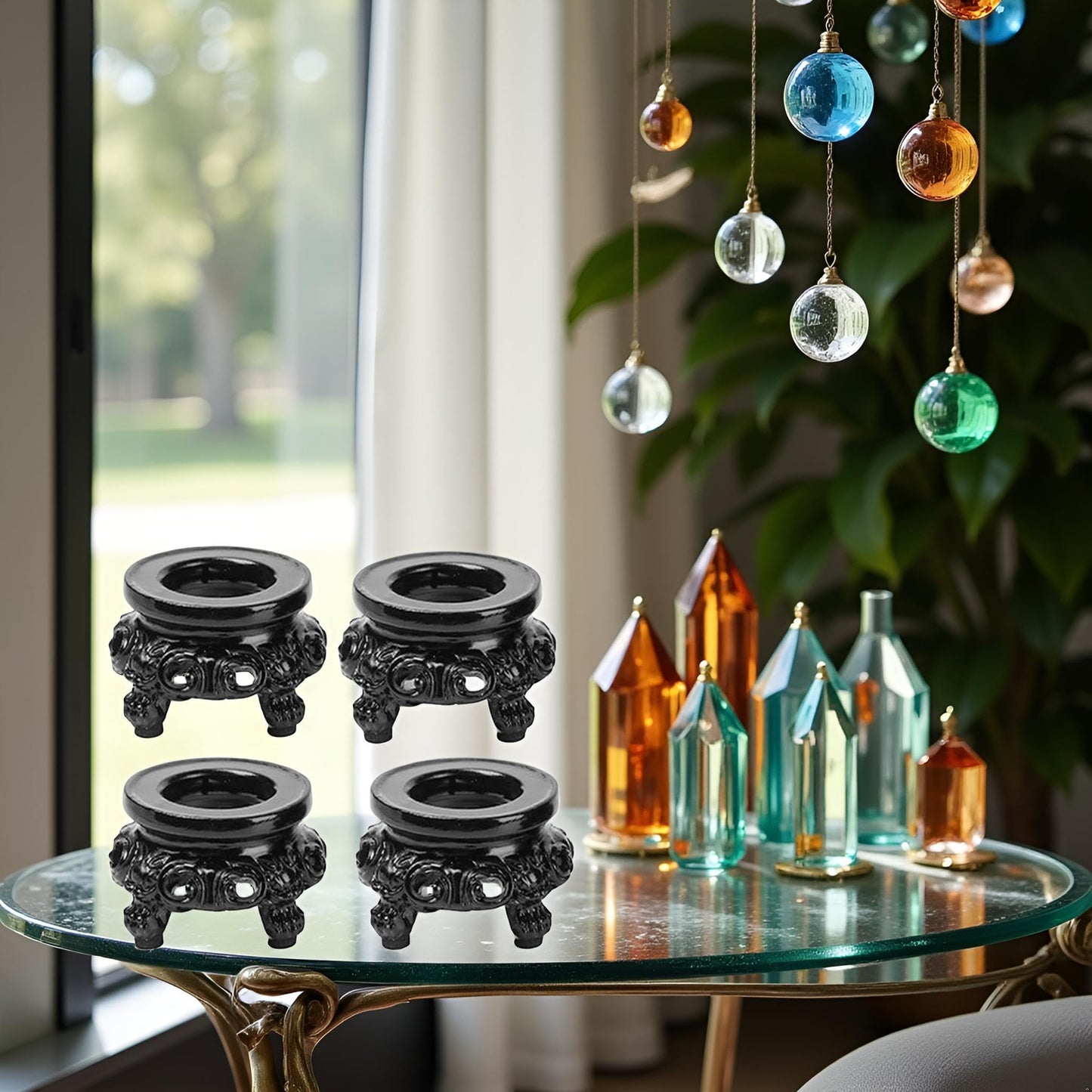 4Pcs Black Wooden Display Stand for Crystal Sphere Quartz Ball Holder Hollow Wood Stand Base for Crystal Ball Sphere Globe Stone Decoration Display Pedestals Display Stands Display Stands Home Decor