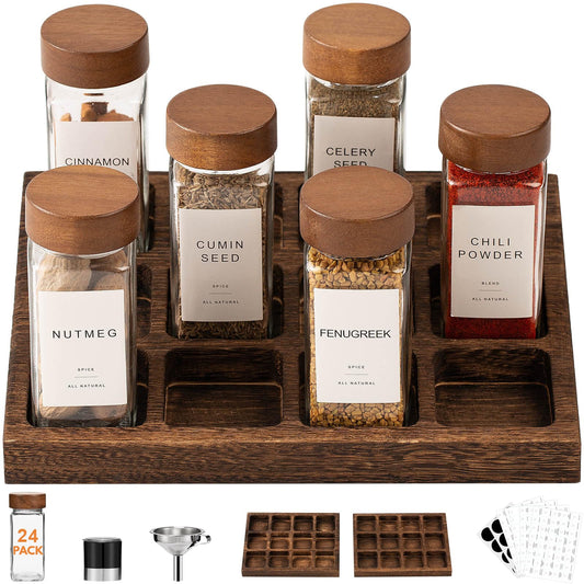 Yangbaga Glass Spice Containers for Kitchen: 24P 4oz Square Jars w/2p Rack