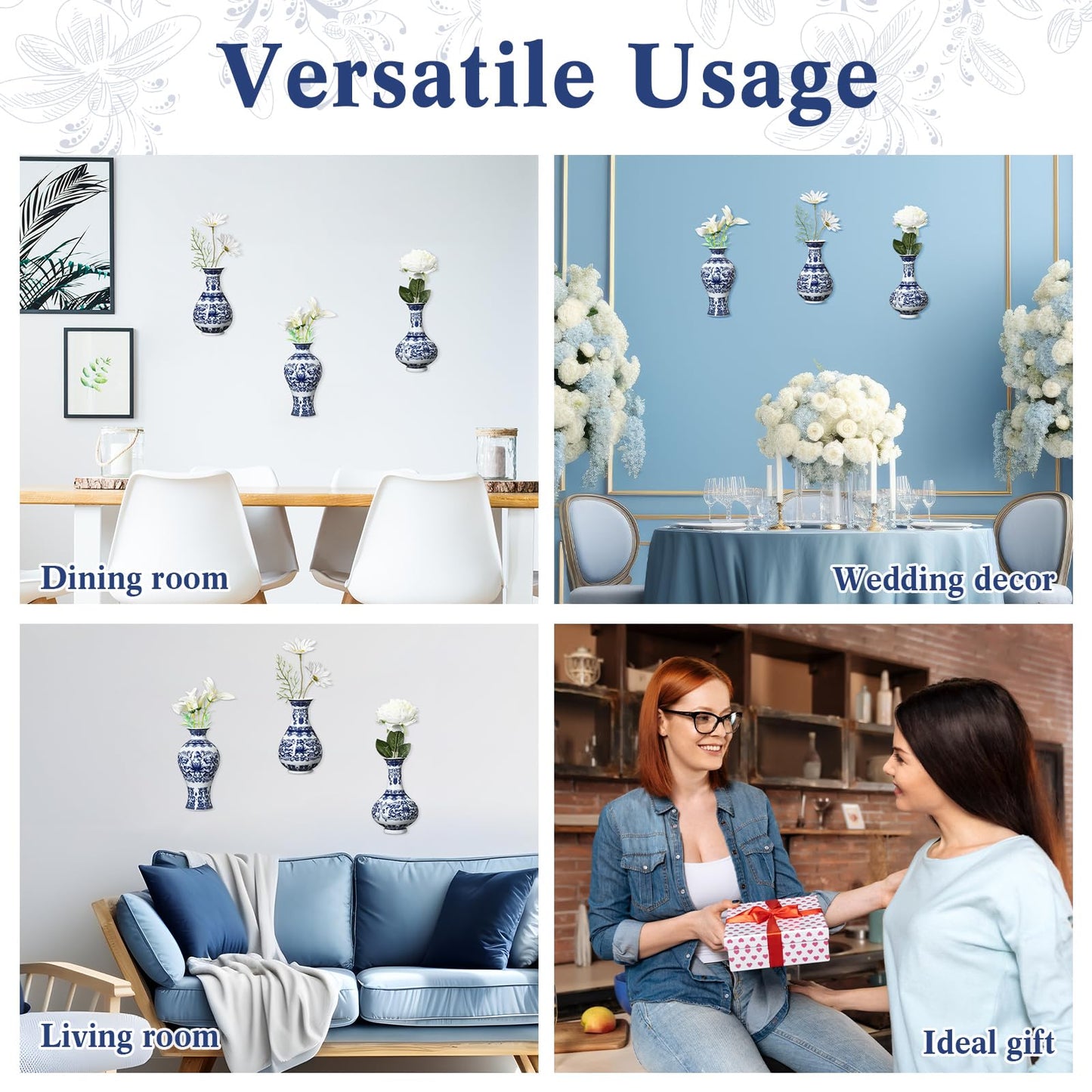 Set of 3 Small Blue and White Chinoiserie Vases Wall Mounted Decorative Ceramic Flower Vases 5.3 Inch 5.7 Inch Classic Vase for Home Decor