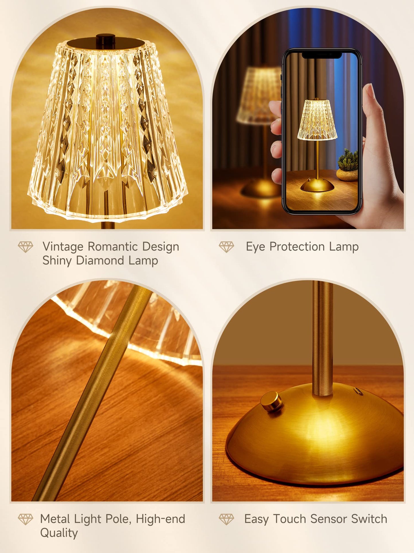 One Fire Nightstand Lamps Set of 2, Dimmable Crystal Table Lamp 3 Colors Gold Lamp,Touch Lamp Bedroom Lamps, Rechargeable Small Lamp, Bedside Lamps Set of 2 for Bedroom Living Room Bathroom Hotel Bar