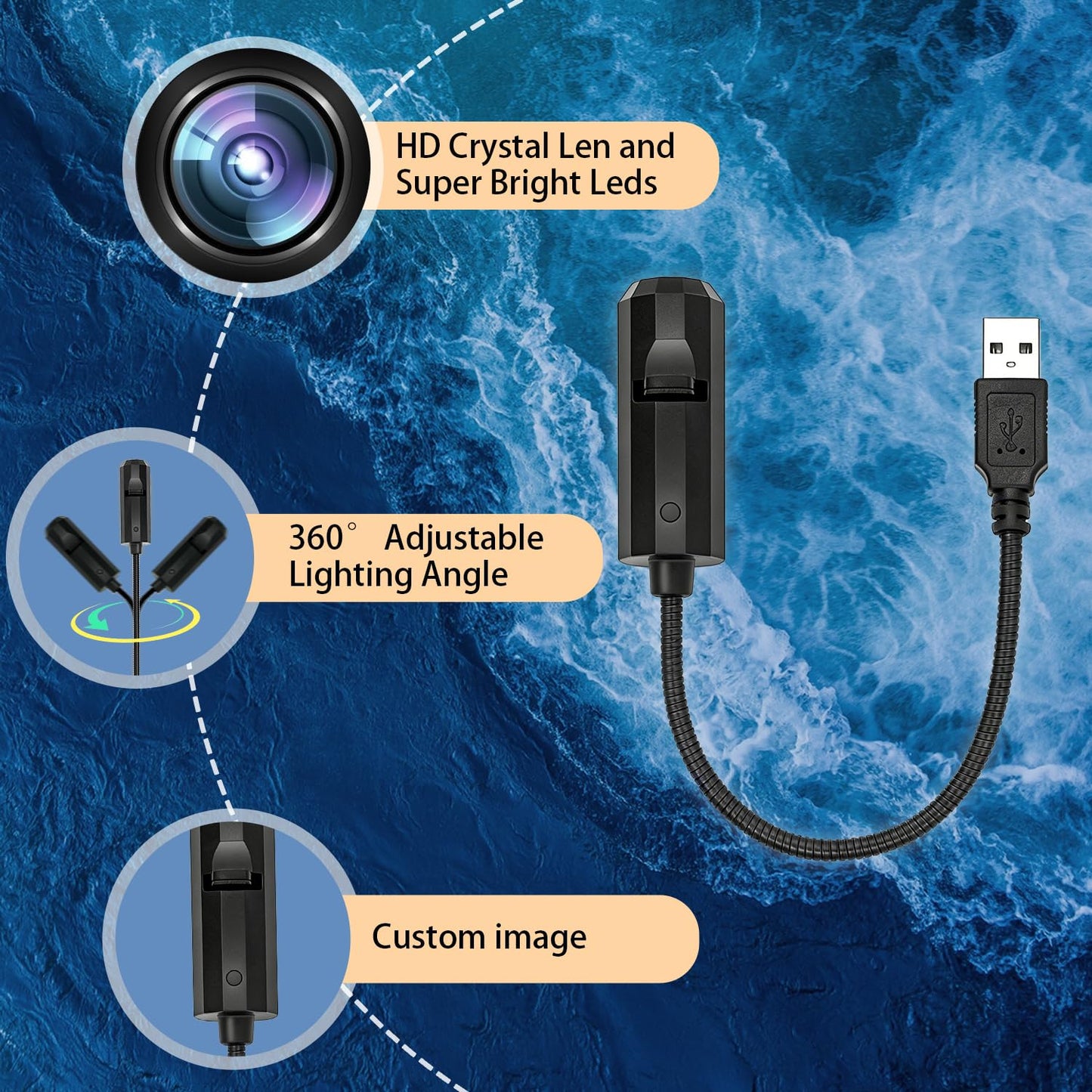 Ocean projection light with 8 interchangeable marine life light panels (whale, jellyfish, sea turtle), USB powered, 360° rotating, creating an immersive underwater world; a creative decorative gift.