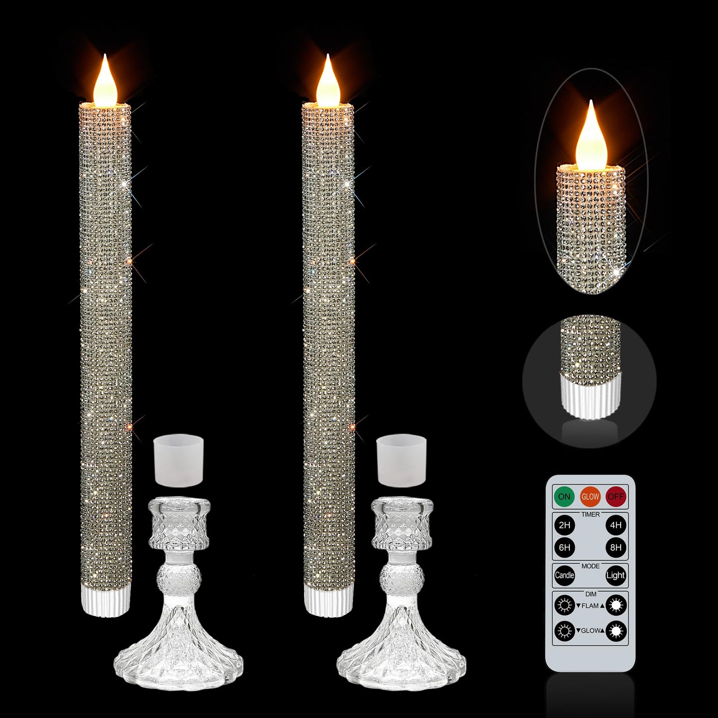 MISSTIME Flameless Taper Candles Wish Illuminated Holder-Glass Candle Holder, Remote Timer 2AA Battery Operated 500+ Hours for Thanksgiving/Xmas Decor, Wedding Centerpiece (Crystal Silver, 2 Pack)