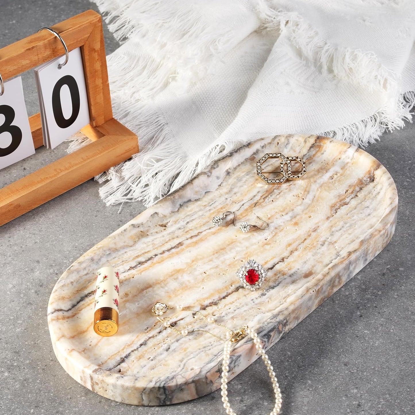 Koville Natural Marble Bathroom Tray for Decor Countertop, Marble Vanity Tray for Candles Perfume, Jewelry, Cosmetics, Stone Decorative Trays for Dresser Organizer(White Traonyx)