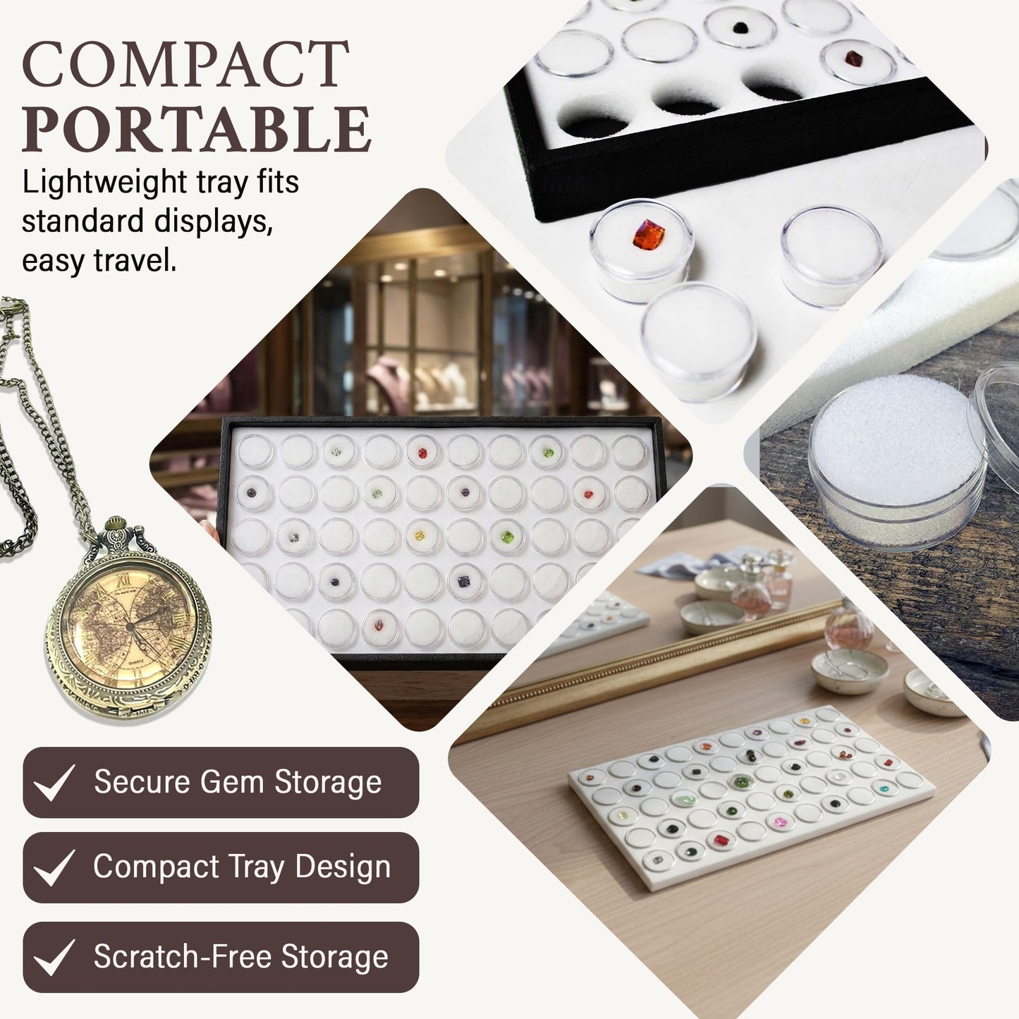 RJ Displays 50 White Foam Gem Jars with Tray, Gemstone Display Case with Lids for Gems, Coins, Gem Storage Organizer, Gem Holder, Charm Box, Gem Display Case, Gemstone Storage, 14.5" x 7.8" x 0.75"