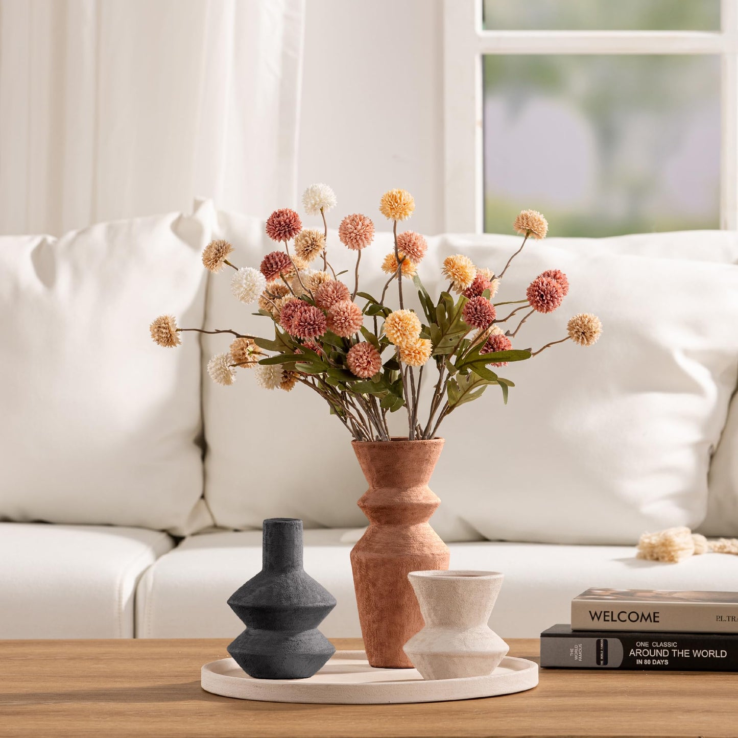 Ceramic Vase Home Table Decor - Flower Vase Set of 3 Living Room Kitchen Decorations Farmhouse Modern Rustic Vases Decorative Centerpiece for Shelf Bedroom Office Bathroom Dining Coffee Desk