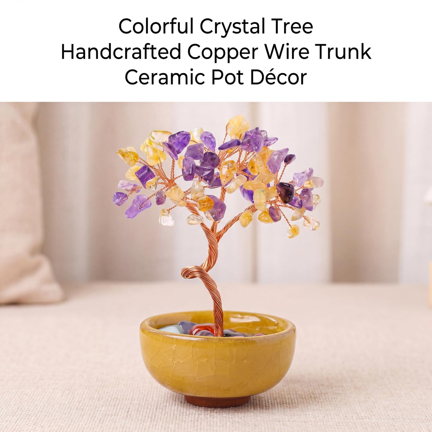 Handmade Crystal Money Tree Feng Shui Bonsai, Gemstone Tree of Life Healing Crystals Wealth Prosperity Decor for Home Office, Perfect Spiritual Gift (Yellow Purple)