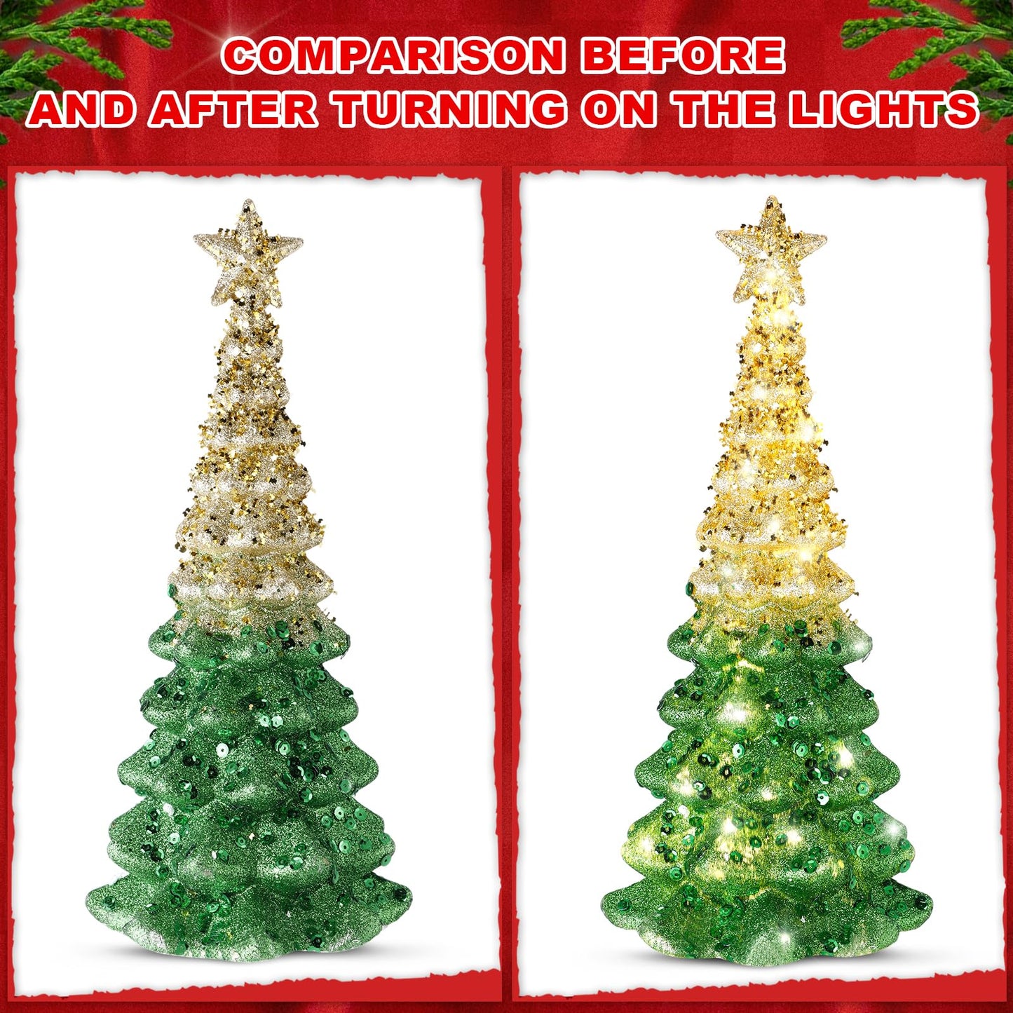 2 Pcs Mercury Glass Christmas Tree for Tabletop Light up Christmas Decor 11.6" Illuminated Glass Xmas Tree Battery Operated Xmas Table Centerpiece for Home Fireplace Festive Decor Gift(Gold)
