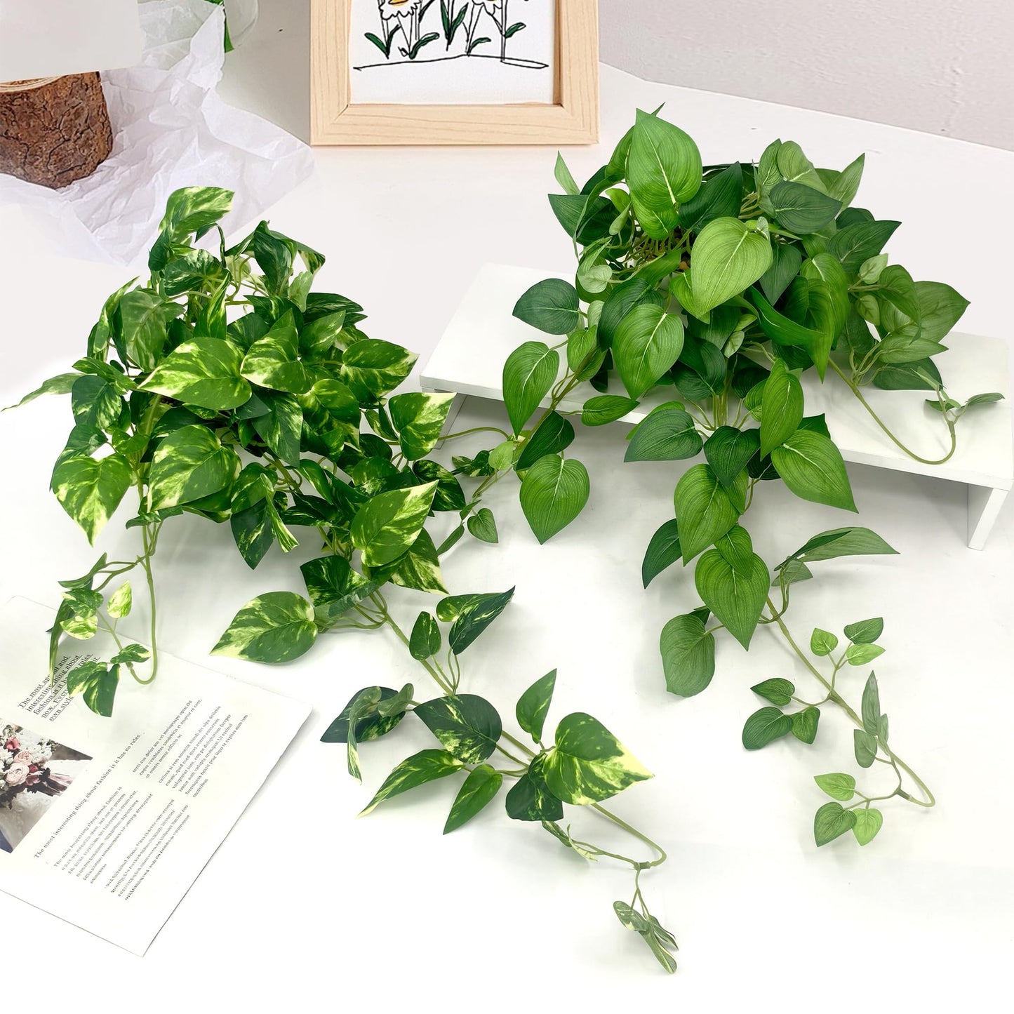 VUAHAUL Artificial Hanging Plants with White Pots (2, Green and Yellow Green, 23.6'')