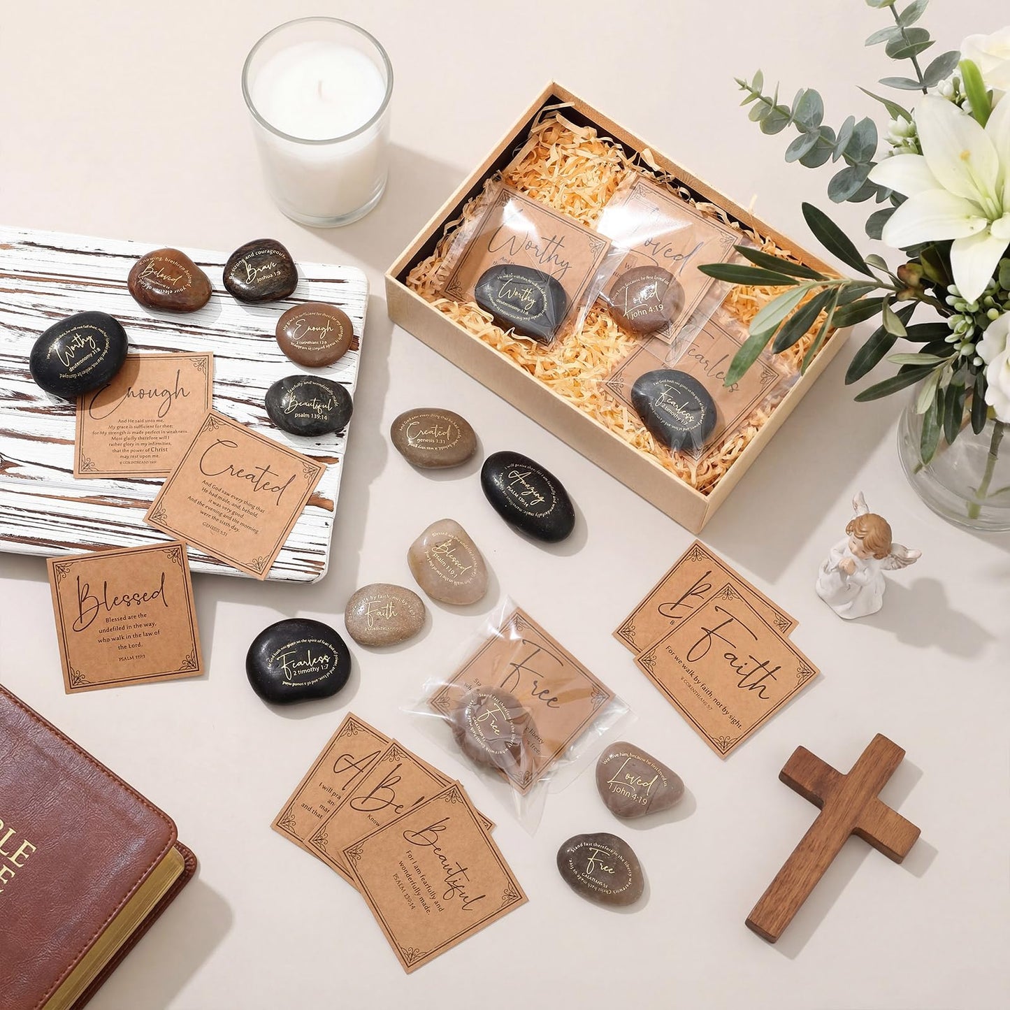 Geelin 24 Sets Inspirational Christian Gift Bible Verse Scripture Stones with Religious Card Rocks Engraved Stones with Prayer Word Grandparent Day Gift for Women Men Church Clergy Pastor (Elegant)