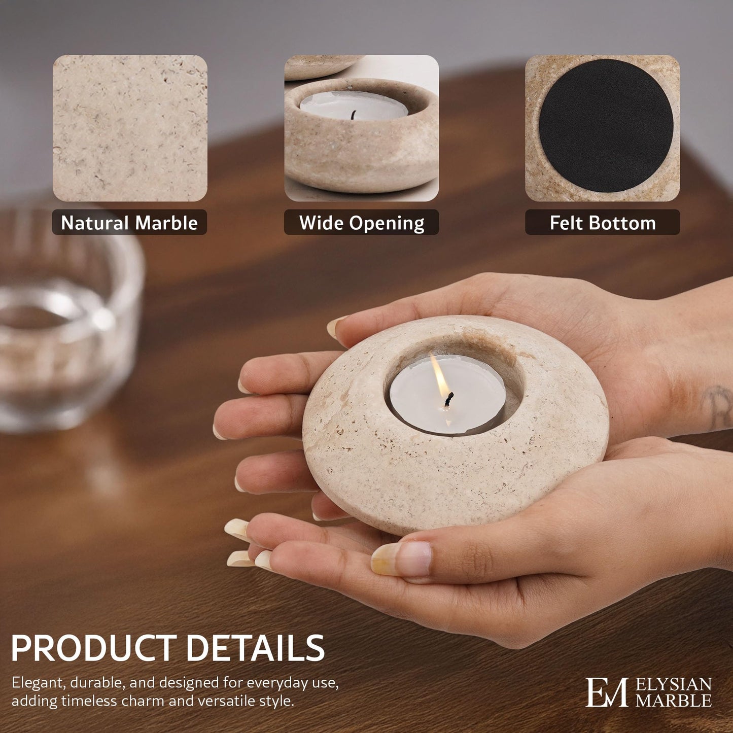 Tea Light Candle Holders Set of 3 – Handcrafted Natural Marble Tealight & Votive Holders in Graduated Sizes (4", 3.5", 3"), Decorative Stone Candle Holders for Home Décor & Table Centerpieces