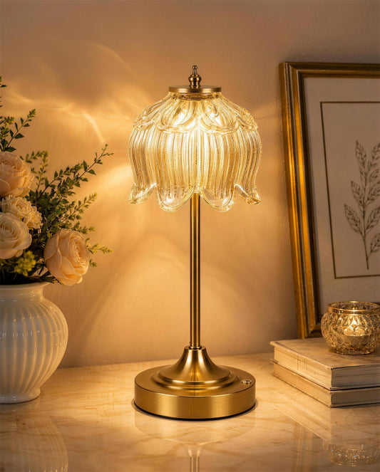 Lotus Flower Crystal Table Lamp, 5200mAh Rechargeable Battery Powered Lamp with Touch Control, 3 Color Temps & Stepless Dimming, Portable Decorative Light for Bedroom/Desk/Living Room/Kitchen-Amber