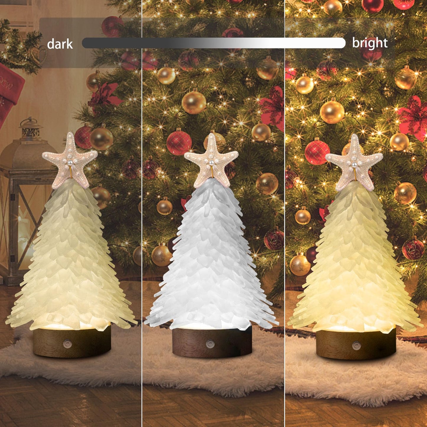 Sea Glass Christmas Tree, 8.5 Inches Mini Tree With Lights - Beach Nautical Themed Seaglass for Table Top, Indoor Decorations, White