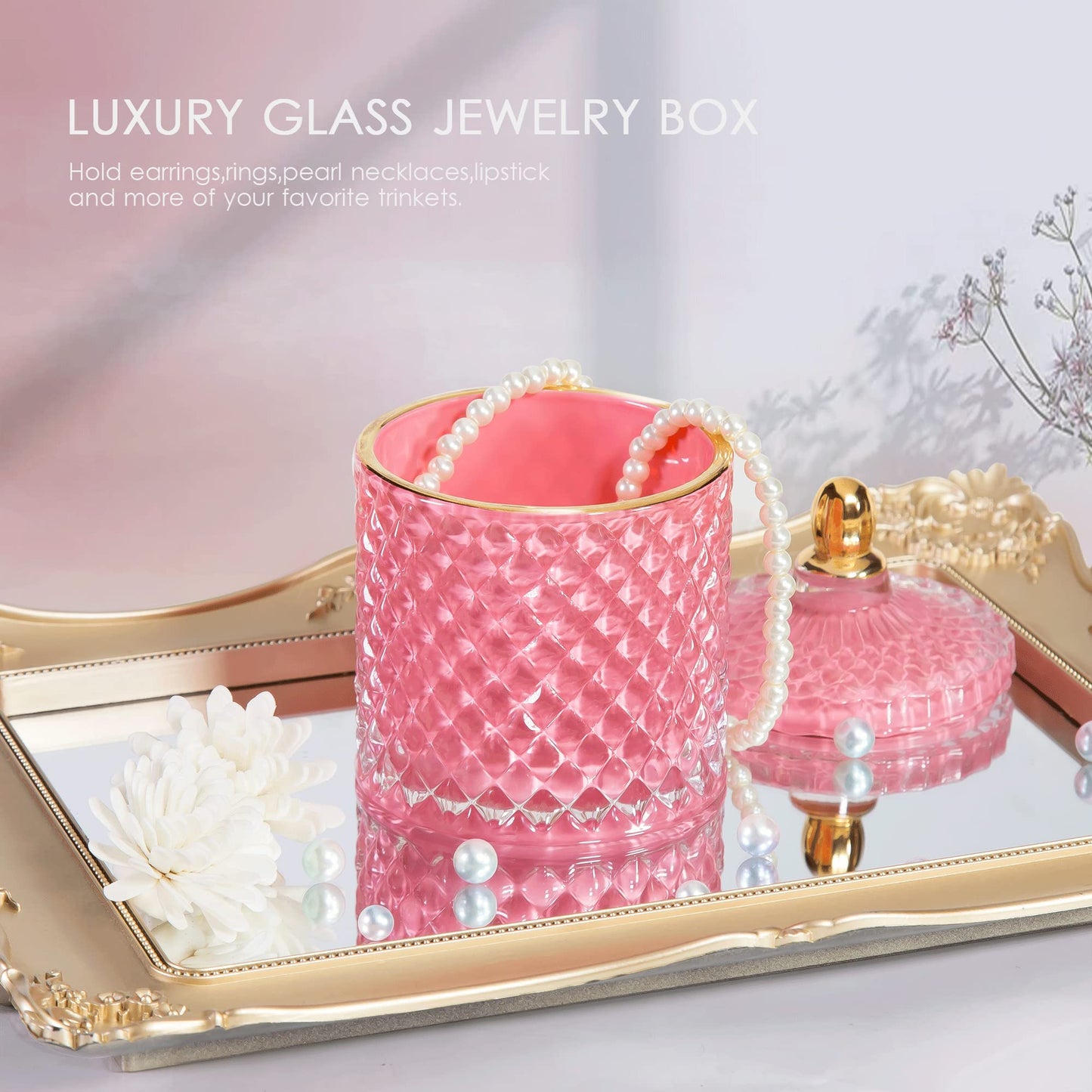 ALAMHI Pink Candy Jar, Glass Candy Dish with Lid, Crystal Apothocary Jars with Lids Jewelry Box with Lids, Decorative Glass Jar Gifts for Women
