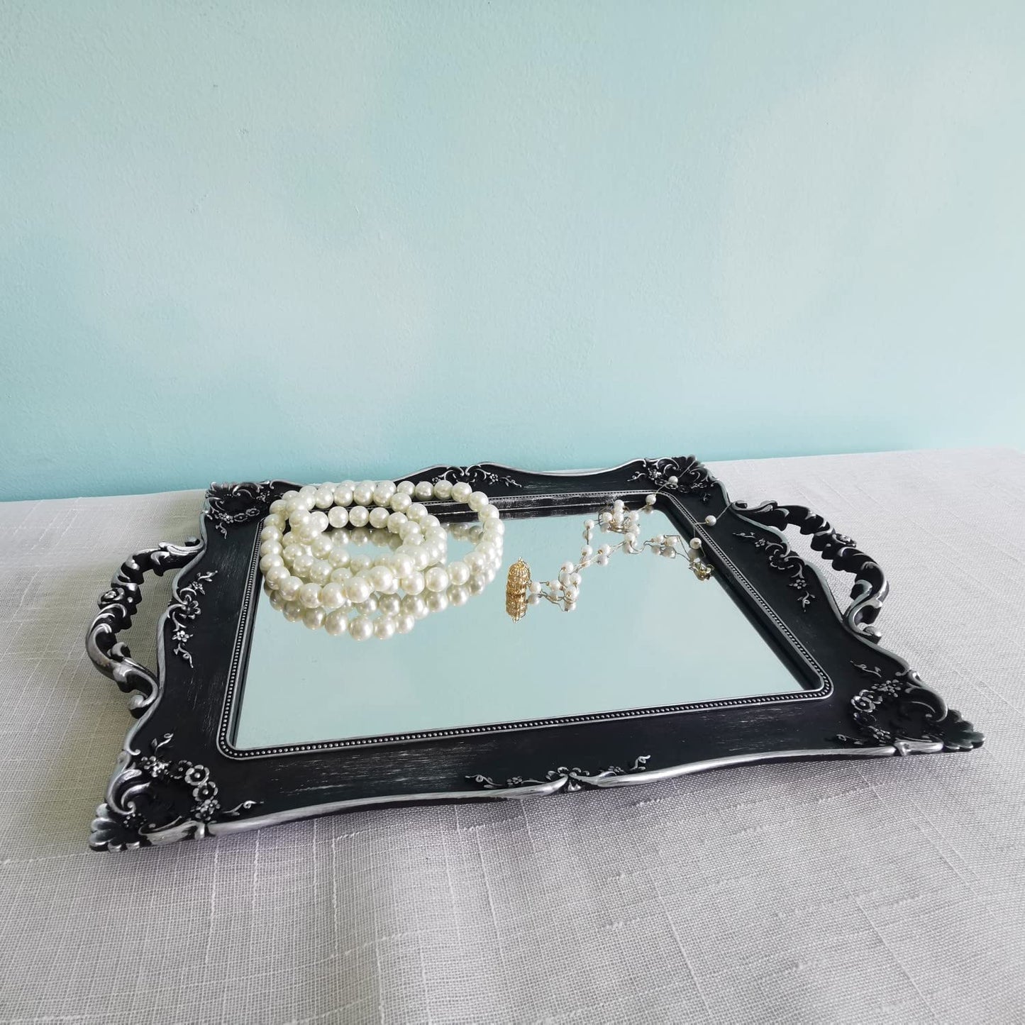 Yamfurga Rectangle Decorative Mirror Tray, French Style, Makeup Organizer, Jewelry Organizer, Serving Tray, 9.5"x 14.9", Silver Black