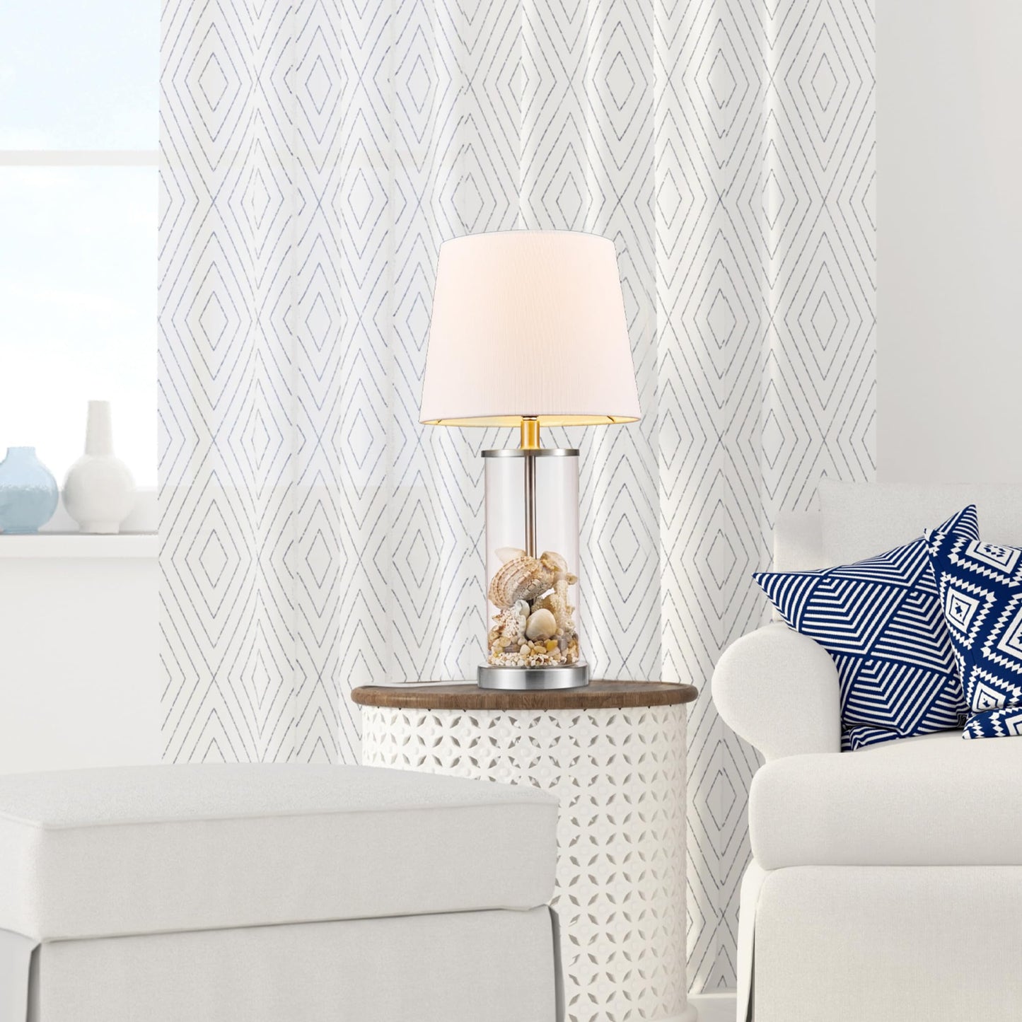 Globe Electric 67155 Maya 21" Fillable Table Lamp, Clear Glass and Steel Base, White Fabric Shade