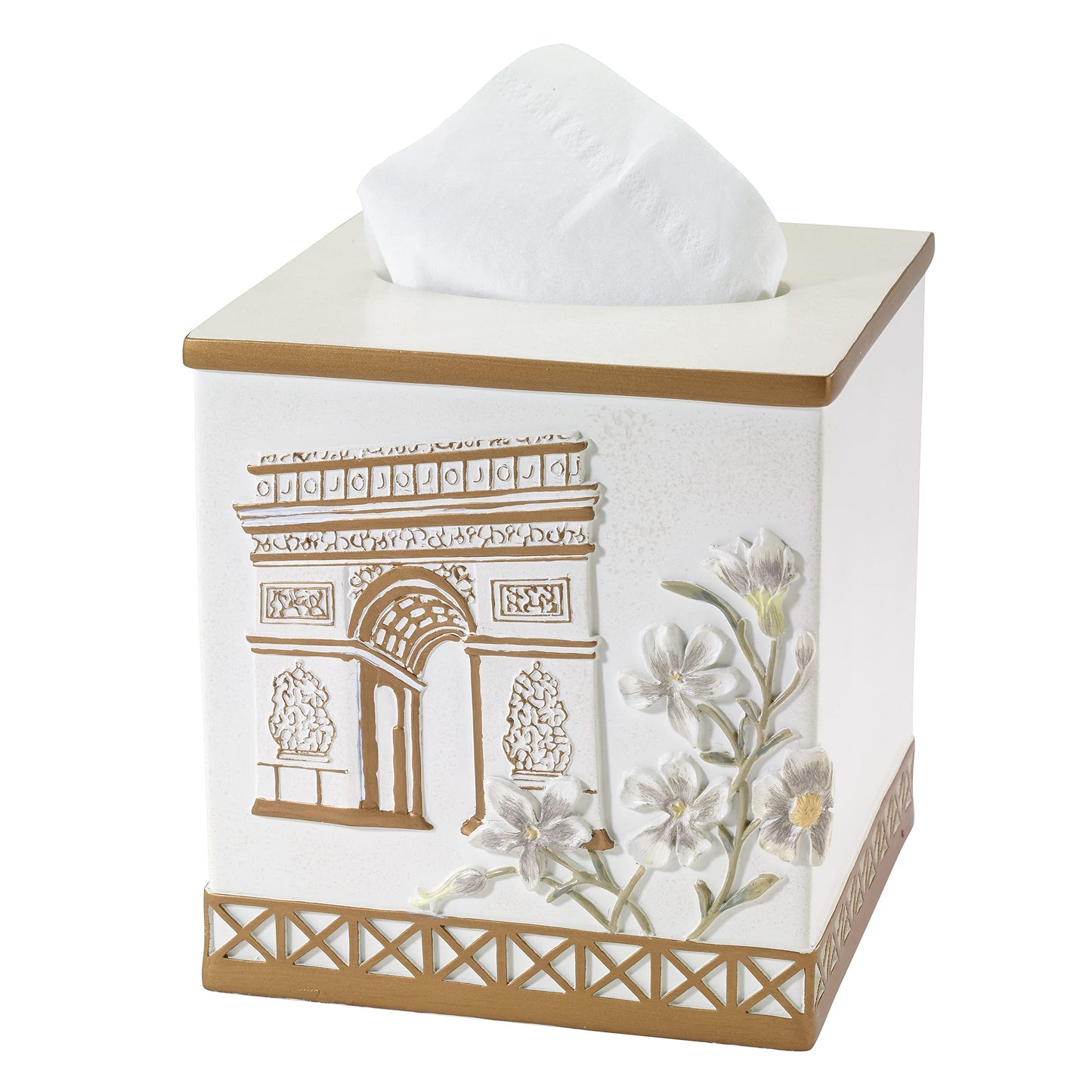Avanti Linens - Tissue Box Cover, Hand Painted Resin, Countertop Accessories, Chic Bathroom Decor (Paris Botanique Collection)
