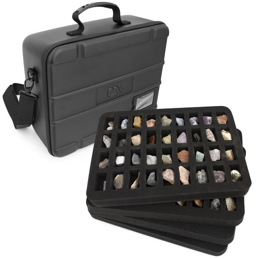CASEMATIX Rock Collection Travel Case - 144 Slot Rock Collection Box with Four Protective Foam Trays, Crystal Storage and Travel Case with Shoulder Strap and ID Card Holder!