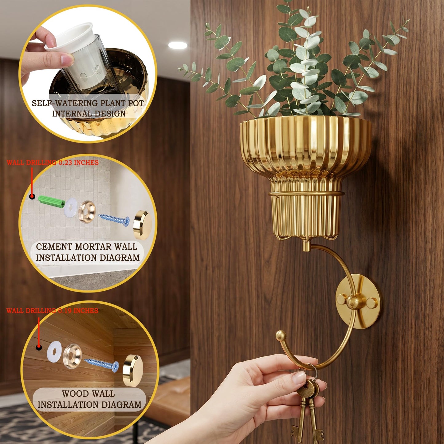 MAUYAR Hanging Plant Wall Vessel for Flowers with Hook, Indoor Outdoor Boho Bathroom Decor Wall Art Planter Mounted Vase (Gold)