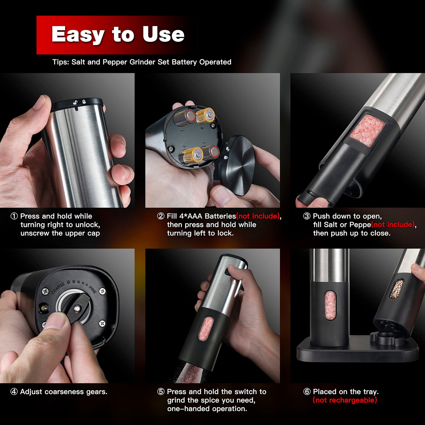 Battery Operated Salt and Pepper Grinder Set, Electric Salt Grinder with Storage Base, One Hand Automatic Operation, Stainless Steel Black 2 Pack