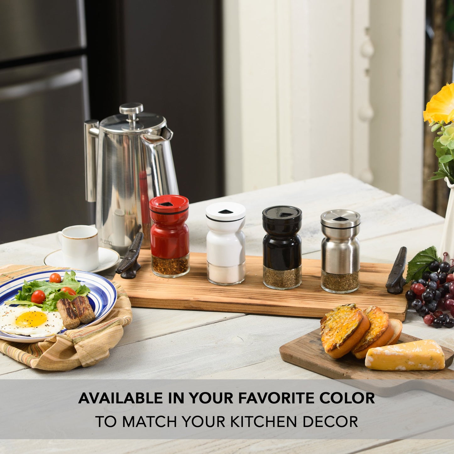 Salt and Pepper Shakers Set with Adjustable Pour Holes by CHEFVANTAGE - Black and White