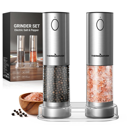 ThermoMaven Upgraded Larger Capacity Electric Salt and Pepper Grinder Set, 110ml Rechargeable Salt and Pepper Shaker with LED Light, Stainless Steel Automatic Pepper Mill with 6 Adjustable Coarseness