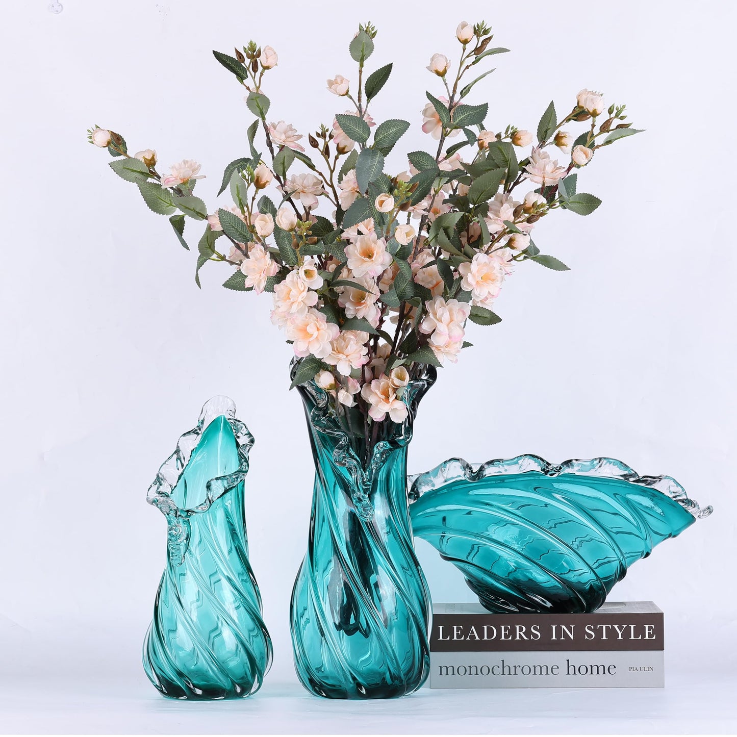 Hand Blown Blue Large Glass Vase Set - Artistic Clear Blue Vase for Coastal & Modern Home Decor, Ocean Wave Vase Design Light Luxury Style for Home Decor, Centerpiece, Office (L)