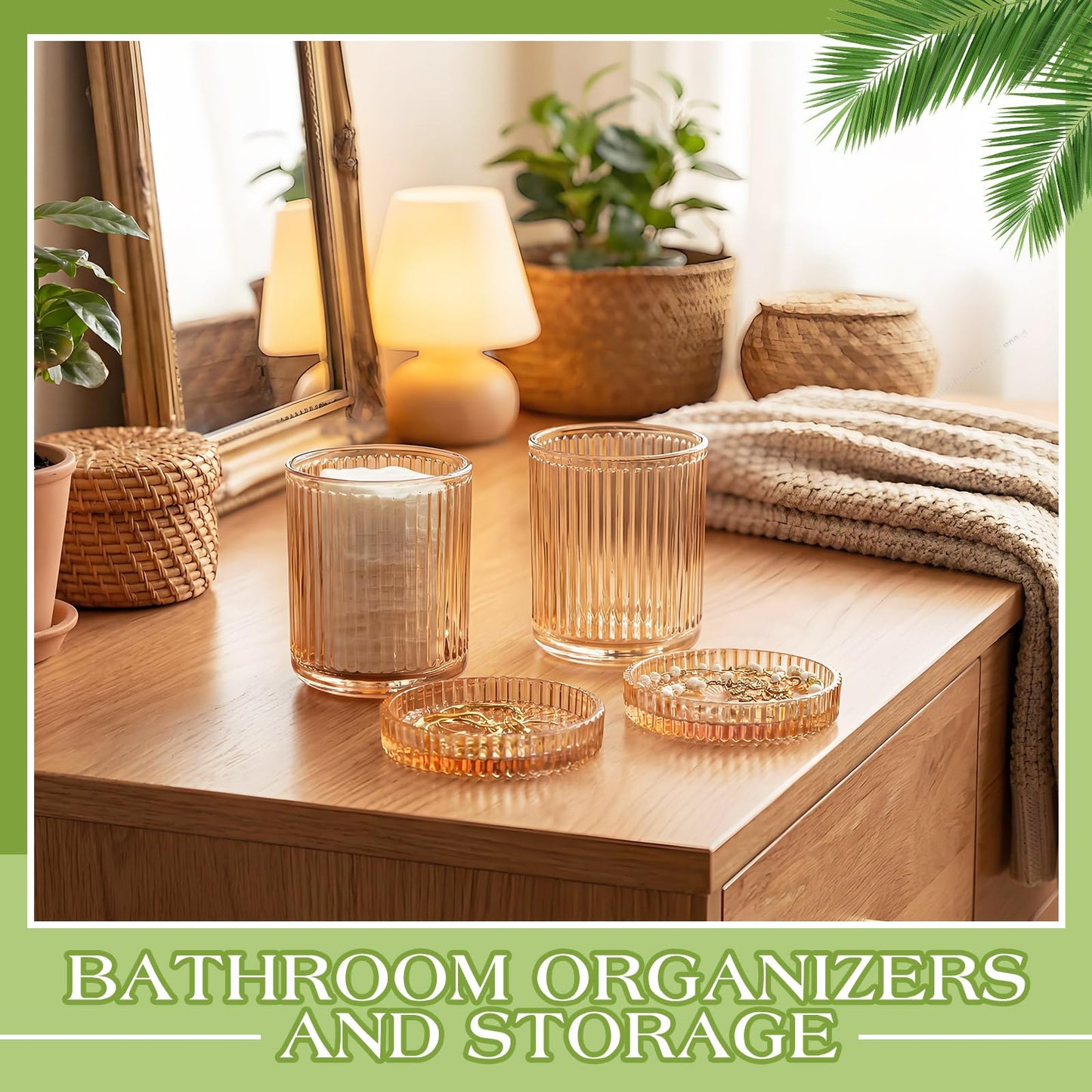 Yiyiring 2 Pcs Crystal Glass Candy Jars Set with Lids and Stainless Steel Vanity Tray, Q tip Holder, Apothecary Jars, Glass Bathroom Accessories Organizer, Esthetic Modern Bathroom Decor(Amber)