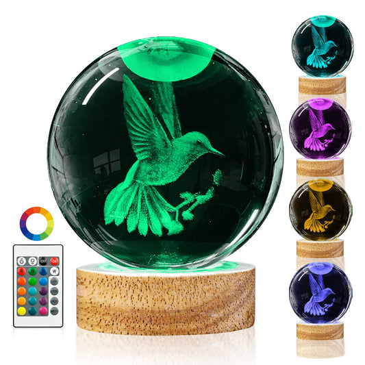 3D Hummingbird Crystal Ball Night Light with Remote Upgraded 3.15 In Hummingbird Figurine Glass Ball Lamp with 16 Color Wooden LED Base Cute Hummingbird Home Decor Gifts for Kids Teens Women