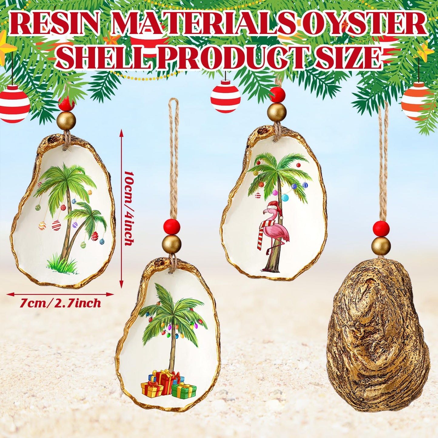 Bucherry 3 Pcs Christmas Oyster Shell Ornament Resin Decorated with Palm Tree Flamingo Seashell Christmas Nautical Coastal Tropical Beach Ornament for Xmas Tree Home Office Gift
