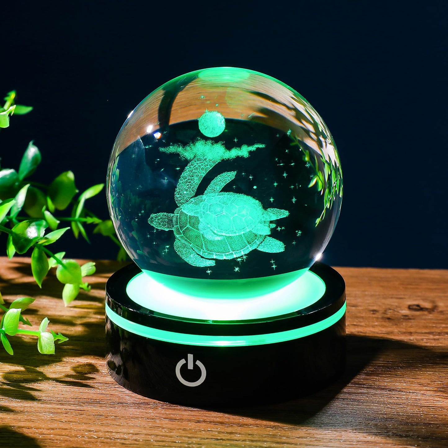 YWHL 3D Sea Turtle Crystal Ball Figurine with LED Base Laser Sea Turtle Gifts for Women Men on Christmas Birthday Decorative Turtle Ball Sea Turtle Glass Globe Night Light for Home Decor (80mm)