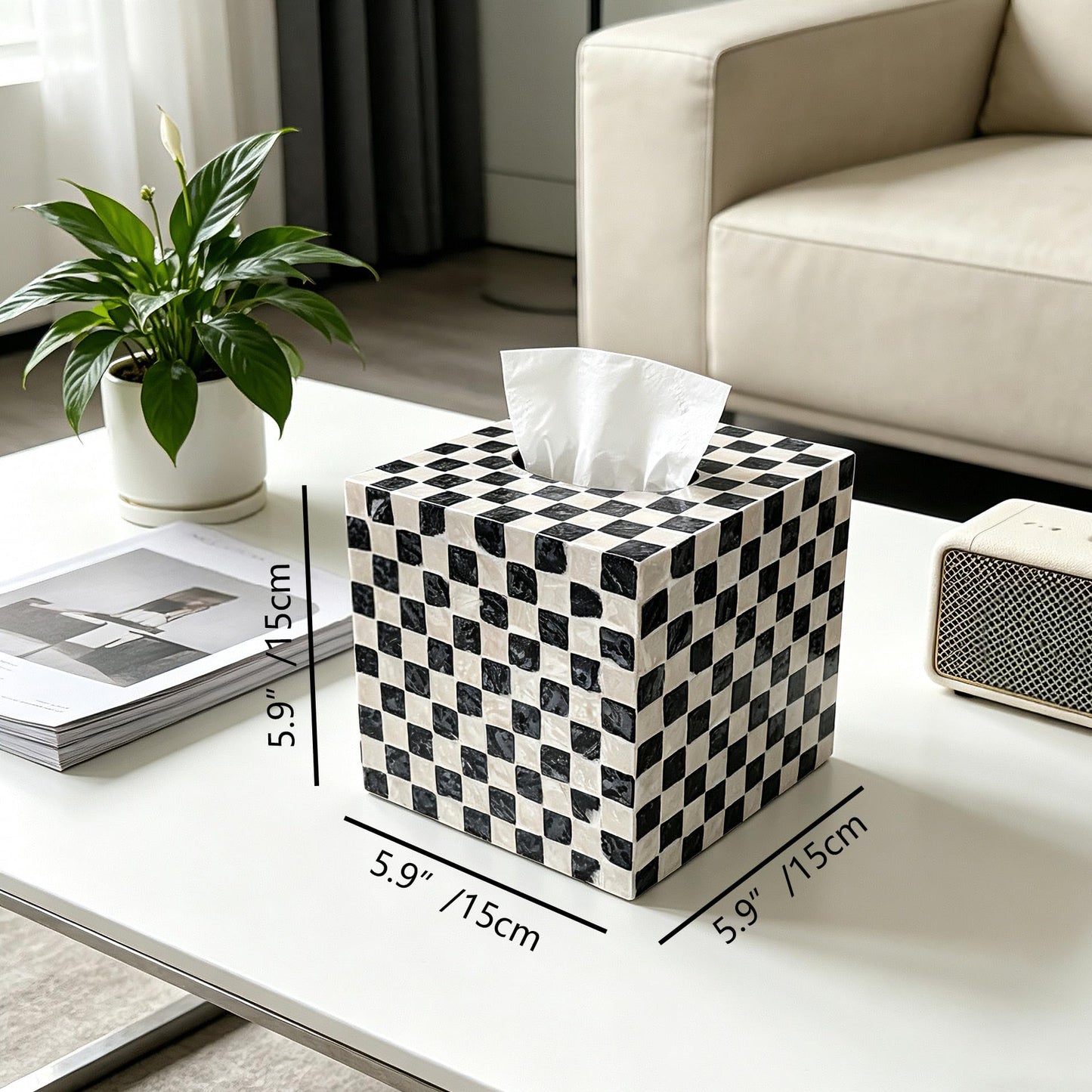 Chicapica 5.9" Square Mother of Pearl Tissue Box Cover – Black & White Checkered Decorative Cube – Handcrafted Mosaic Tissue Holder for Bathroom Vanity, Bedroom, and Home Office