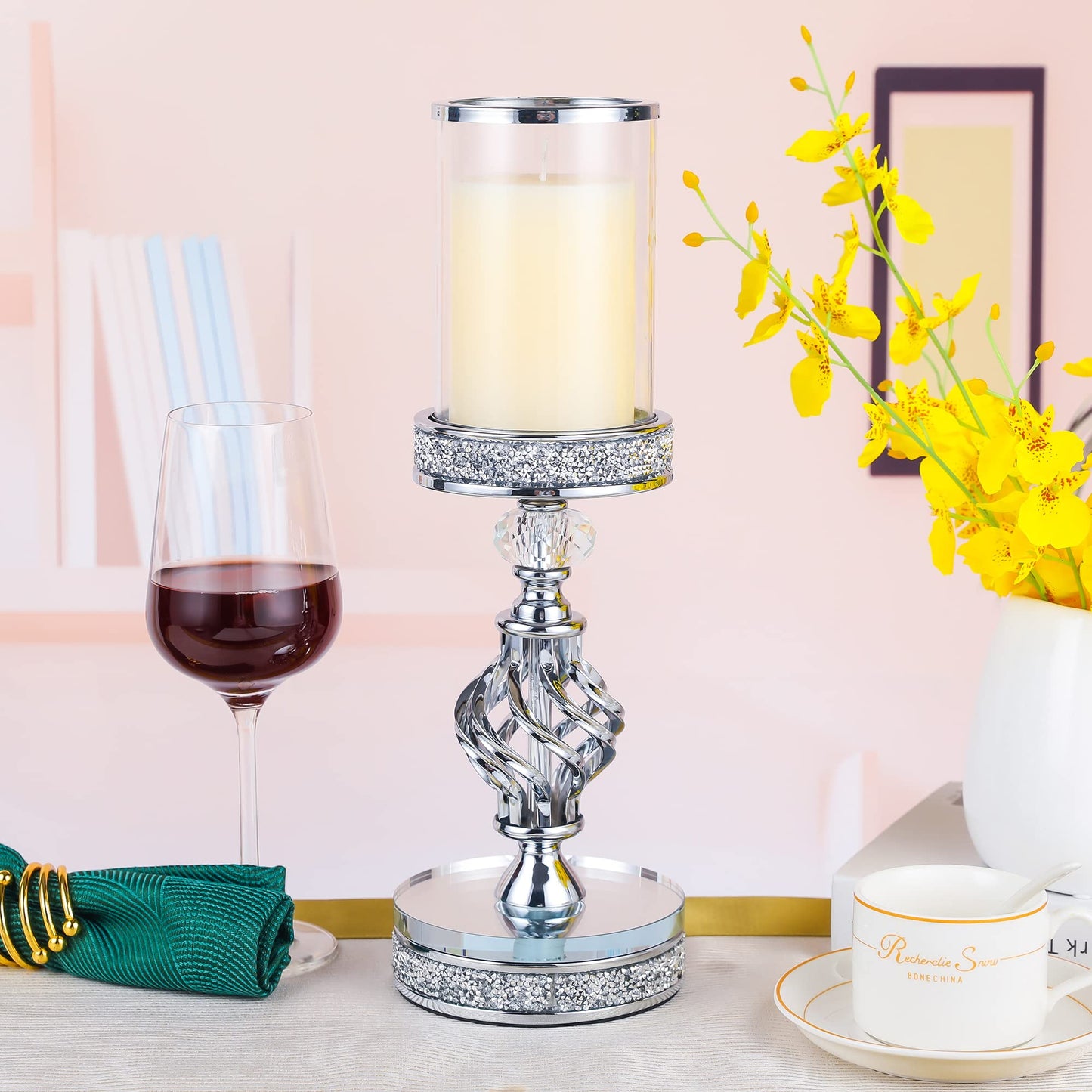 Hanjue Crystal Candle Holders for Pillar Candle, Metal Crystal Candle Holder for Home Decor, Centerpieces, Coffee Dining Table CH0509 (Silver (M))