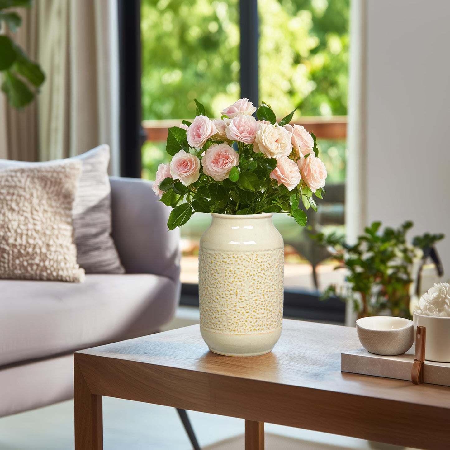 Wancetang Beige Ceramic Vase for Flowers - 9 Inch Textured Cream Vase for Pampas Grass, Modern Farmhouse Vases for Home Decor, Table Centerpiece, Shelf, and Mantle Decor