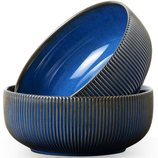 getstar Large Serving Bowls Ceramic Salad Bowl Set of 2, 8 Inch & 60 fl oz, Microwave and Dishwasher Safe, Farmhouse Kitchen Decorative Bowls Set, Embossed Stripes, Vintage Blue