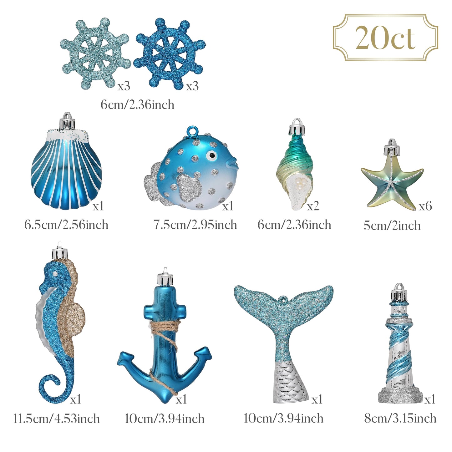 Valery Madelyn Summer Ornaments Tree Decorations Set, 20ct Light Blue and Silver Shatterproof Summer Balls Bulk, Summer Beach Coastal Ocean Nautical Marine Hanging Seafair Xmas Holiday Decor
