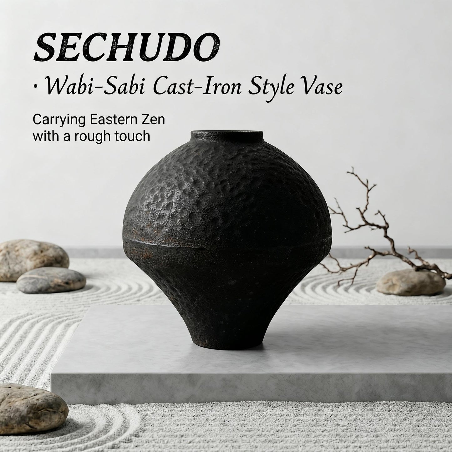 SECHUDO Unique Handmade Cast Iron Vase for Dried Flowers or Pampas Grass, Heavy and Durable Wabi Sabi Vases, Matte Black Vase for Modern, Rustic and Farmhouse Decor (Matte Black, 7" W×7" H)