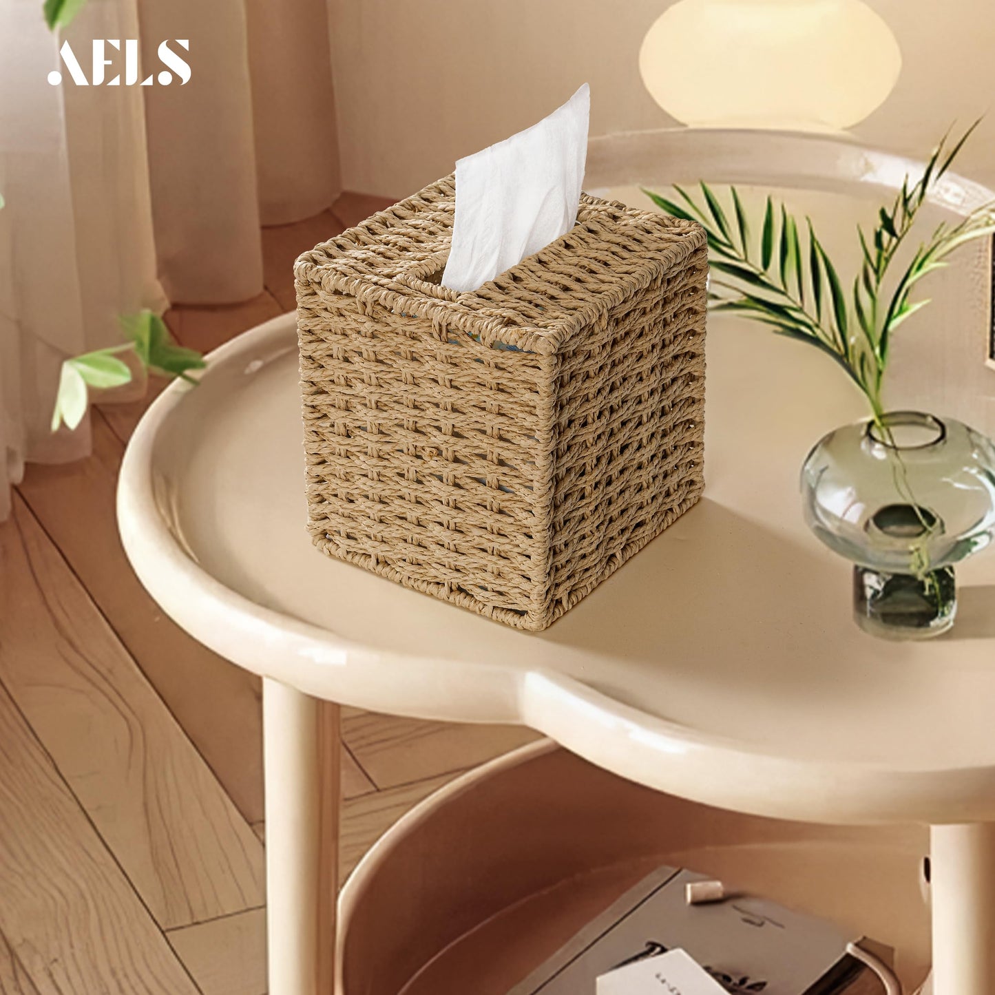 AELS Farmhouse Tissue Box Cover Square, Hand Woven Strawpaper Facial Tissue Paper Holder, Cute Tissue Box Holder Square, Boho Bathroom Decor Box for Tissues Cube Box w/Elastic Bottom, Natural