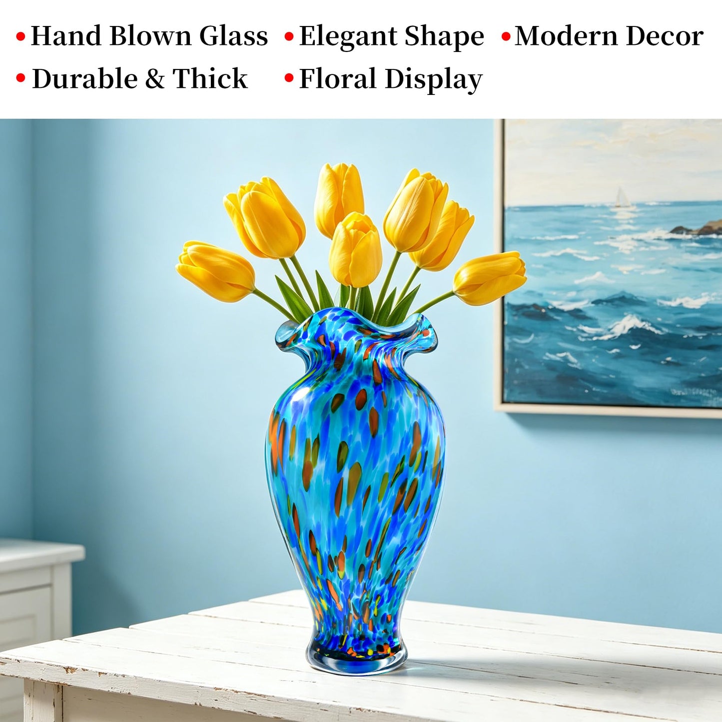 12 inch Hand Blown Glass Vase, Unique Sea Blue Crystal Flower Vase, Ocean Style Art Glass Home Table Centerpieces for Floral Bouquet Decorations