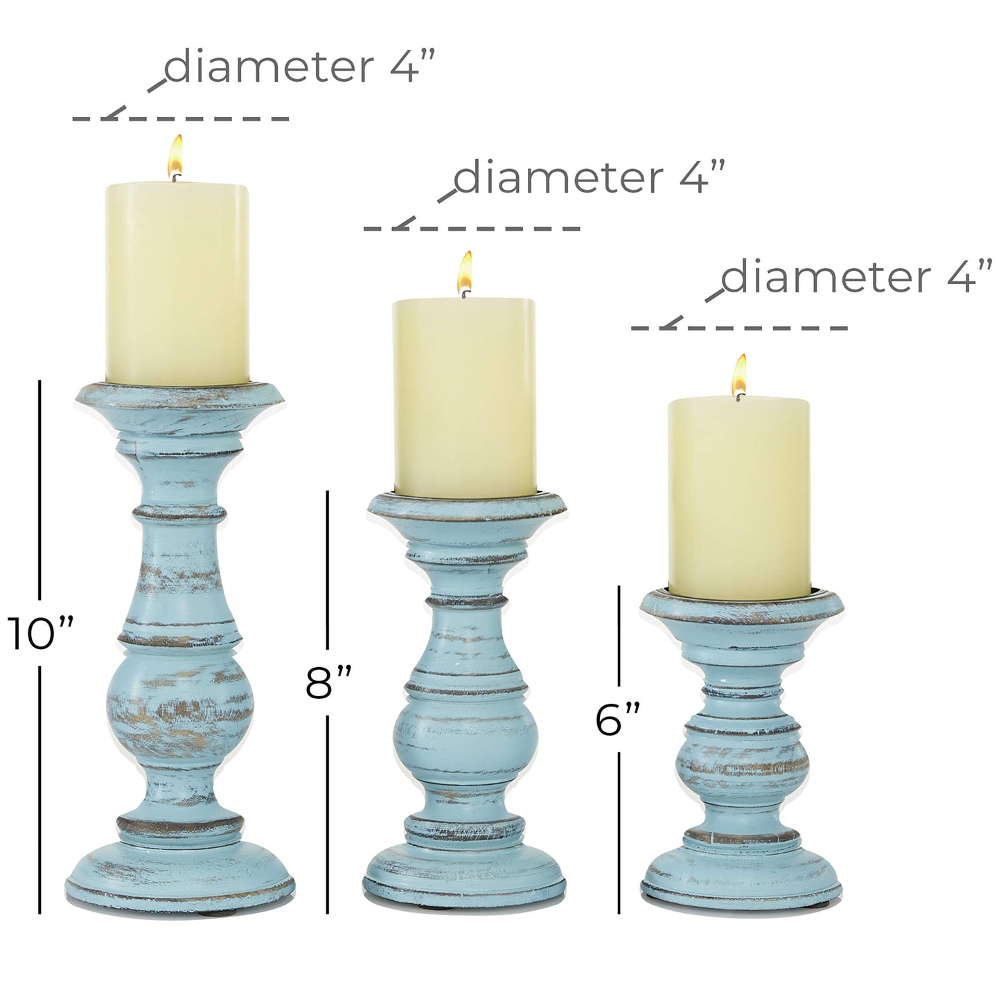 Deco 79 Mango Wood Decorative Candle Holder Distressed Turned Pillar Candle Stand, Set of 3 Candlestick Holder 6", 8", 10"H, Light Blue
